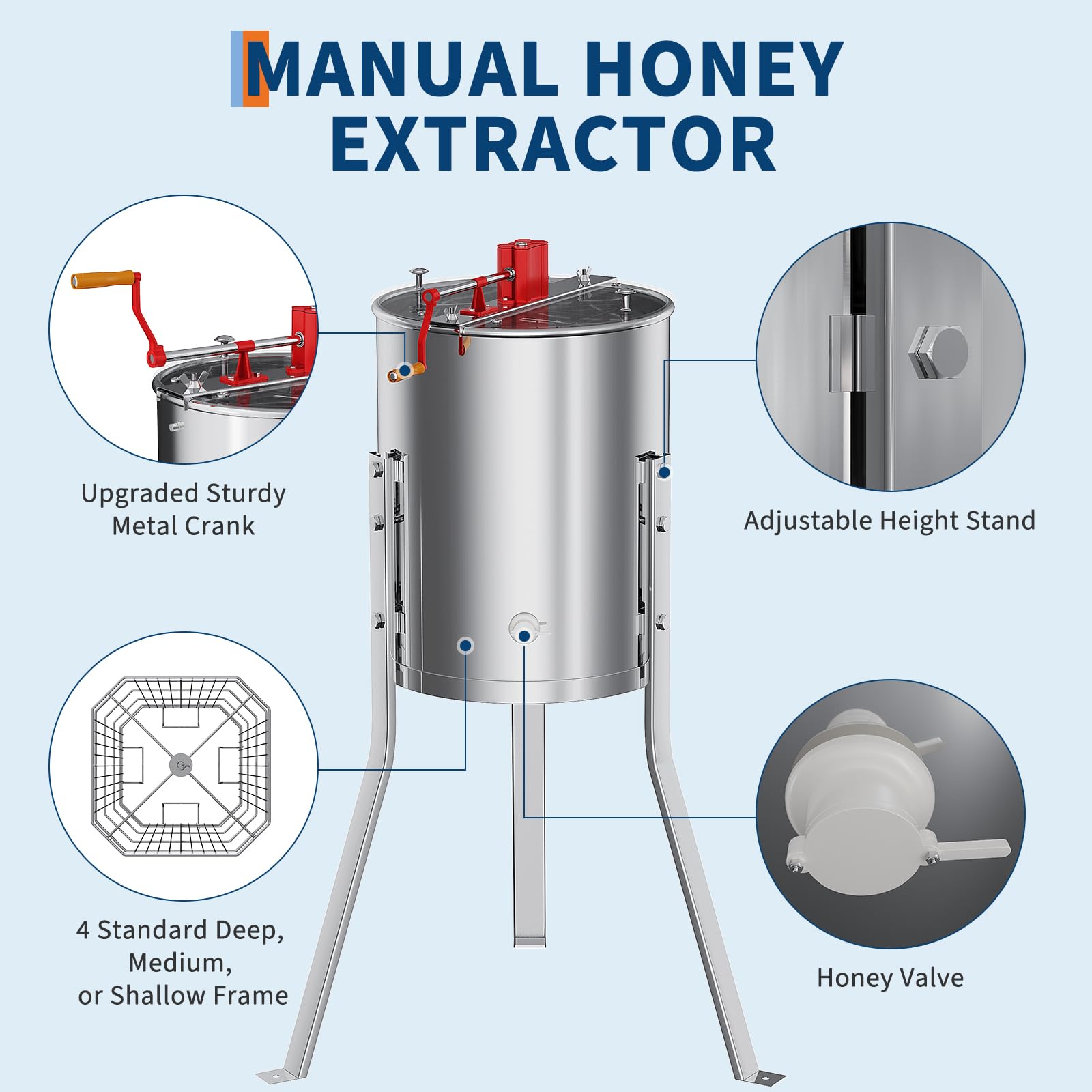 Garvee Manual 4 Frame Honey Extractor – Food-Grade Stainless Steel with Adjustable Stand & Transparent Lid for Small-Scale Beekeeping & Harvesting