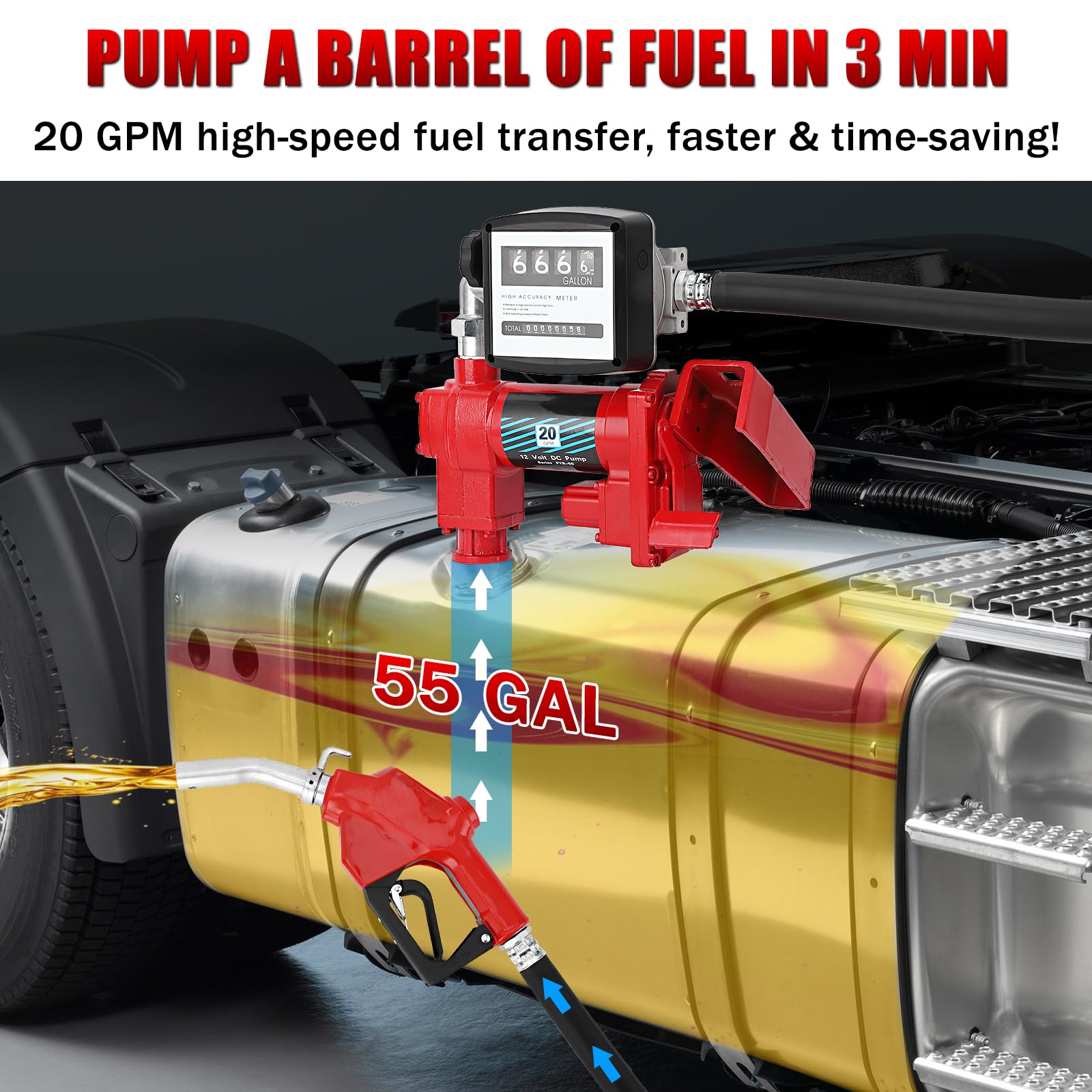 Garvee Fuel Transfer Pump 20 GPM 1/4 HP, with Digital Meter, Diesel Transfer Pump with Automatic Nozzles, Gasoline Transfer Pump with Emission & Suction Hoses for Gasoline, Diesel, Kerosene