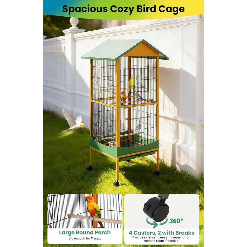 Garvee Extra Large Bird Cage 66''H with Removable Tray Waterproof Roof Lockable Caster Indoor Outdoor Yellow Green