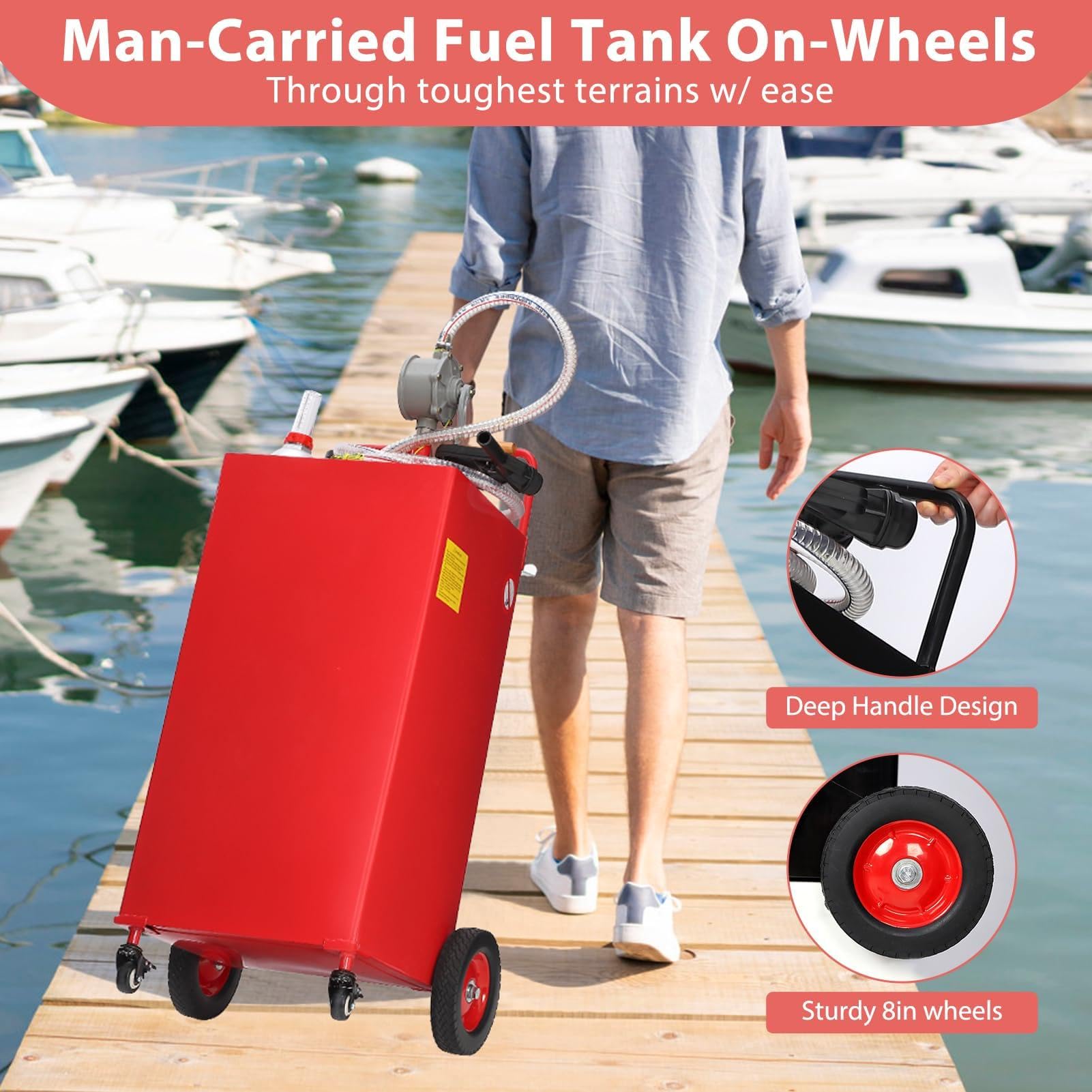 Garvee 35-Gallon Fuel Caddy, Stainless Steel with Manual Transfer Pump, 4-Wheel Mobile Design for Cars, Trucks, Boats, and Lawn Mowers, Red