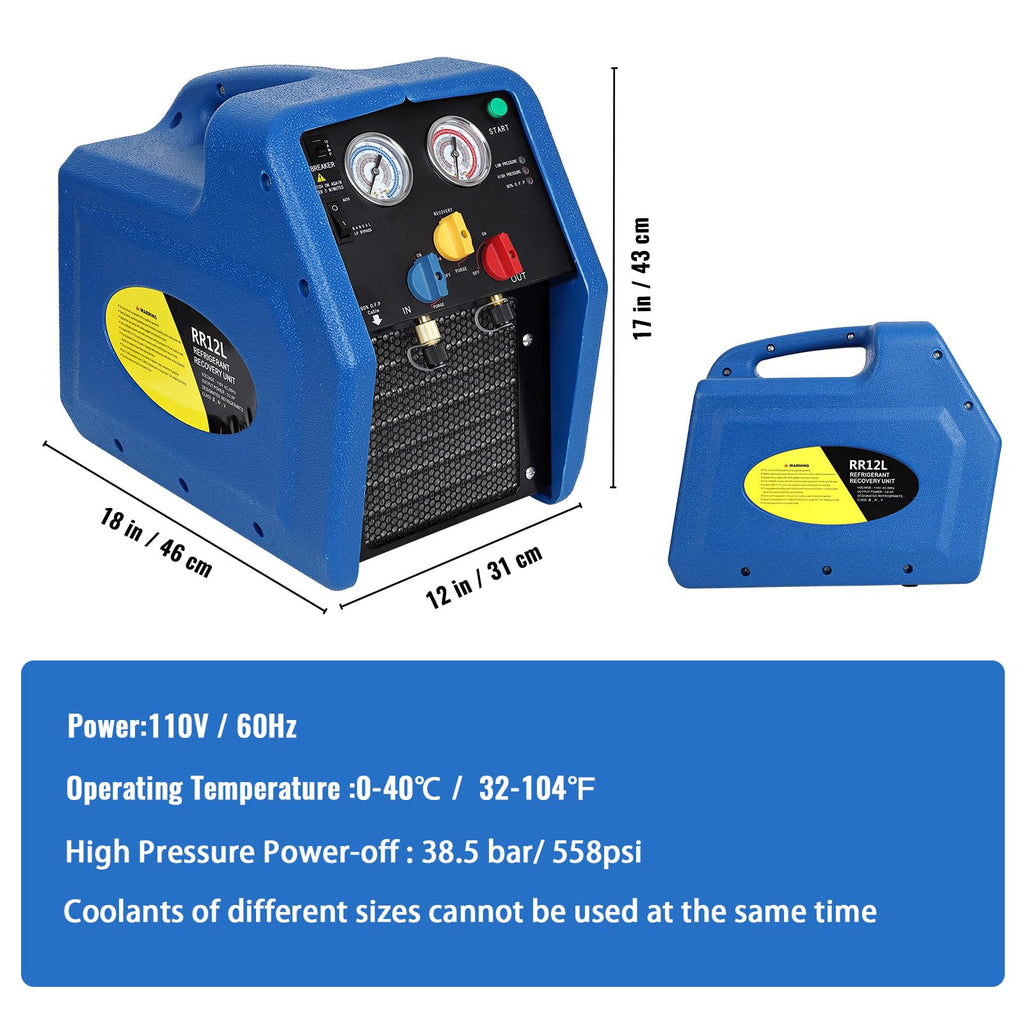 Garvee Refrigerant Recovery Machine Portable 1/2HP 110V Ac Refrigerant Recycling Machine Automotive Hvac 558psi Refrigerant Recovery Unit Air Conditioning Repair Tool
