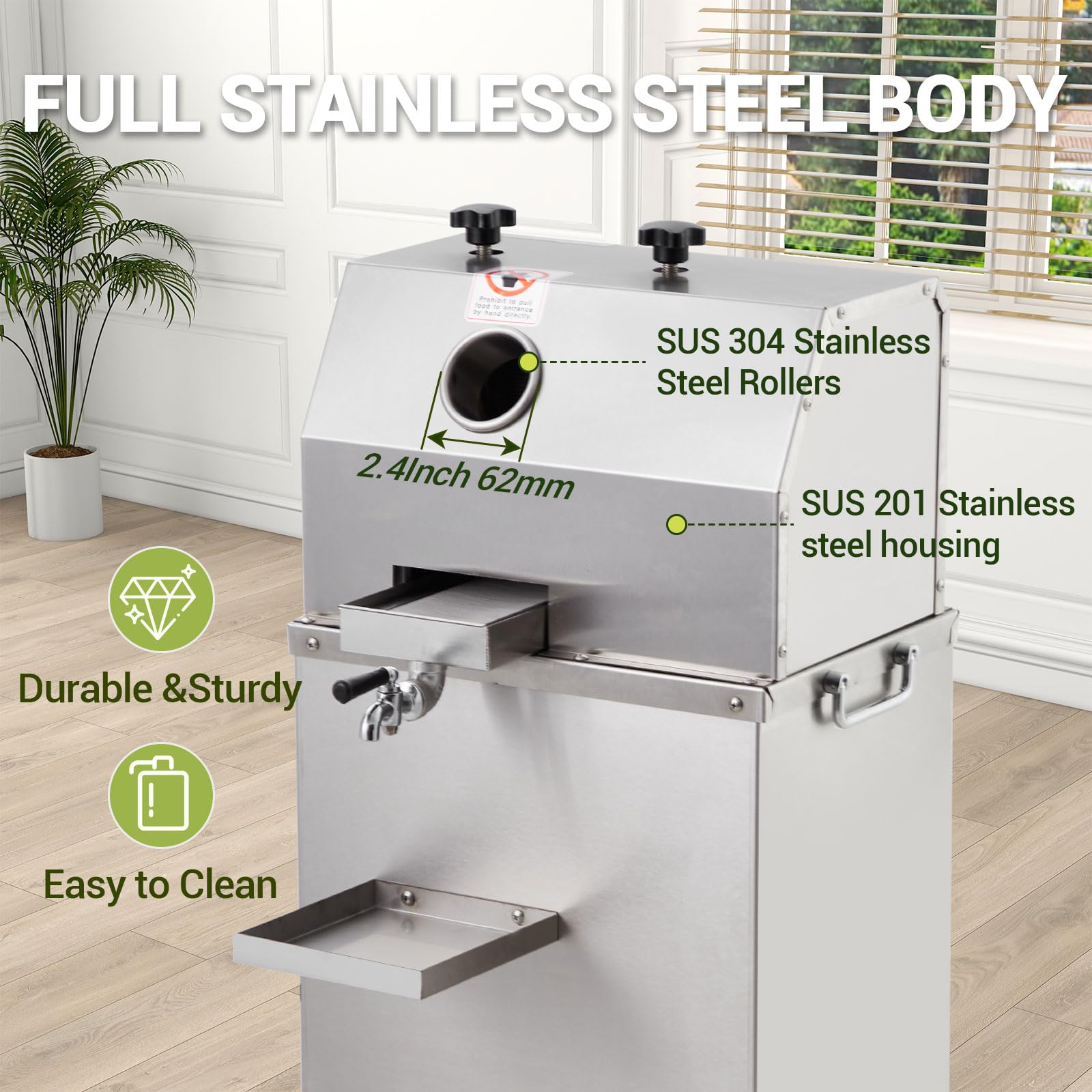 Garvee Sugarcane Juicer, 800W Sugarcane Juicer with 3 Stainless Steel Drums, 2.4-inch Large Inlet, Wheeled Sugarcane Juicer, 661LBS/H, Suitable for Home/Commercial Use