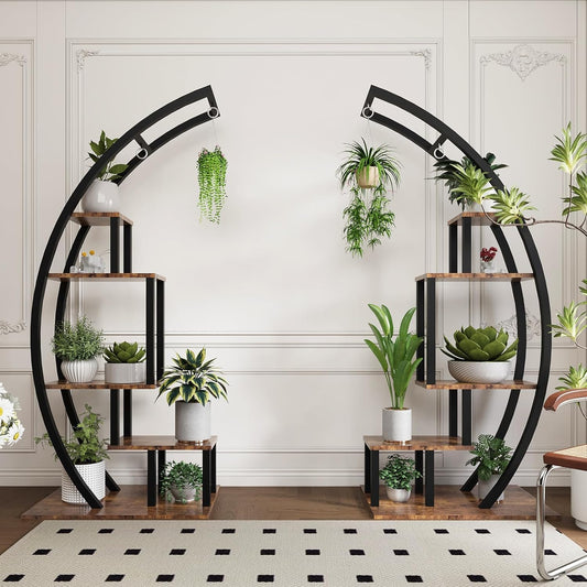 Garvee 5-Tier Half Moon Indoor Plant Stand - Metal Flower Shelf with Hanging Hooks for Indoor Gardening & Home Decor