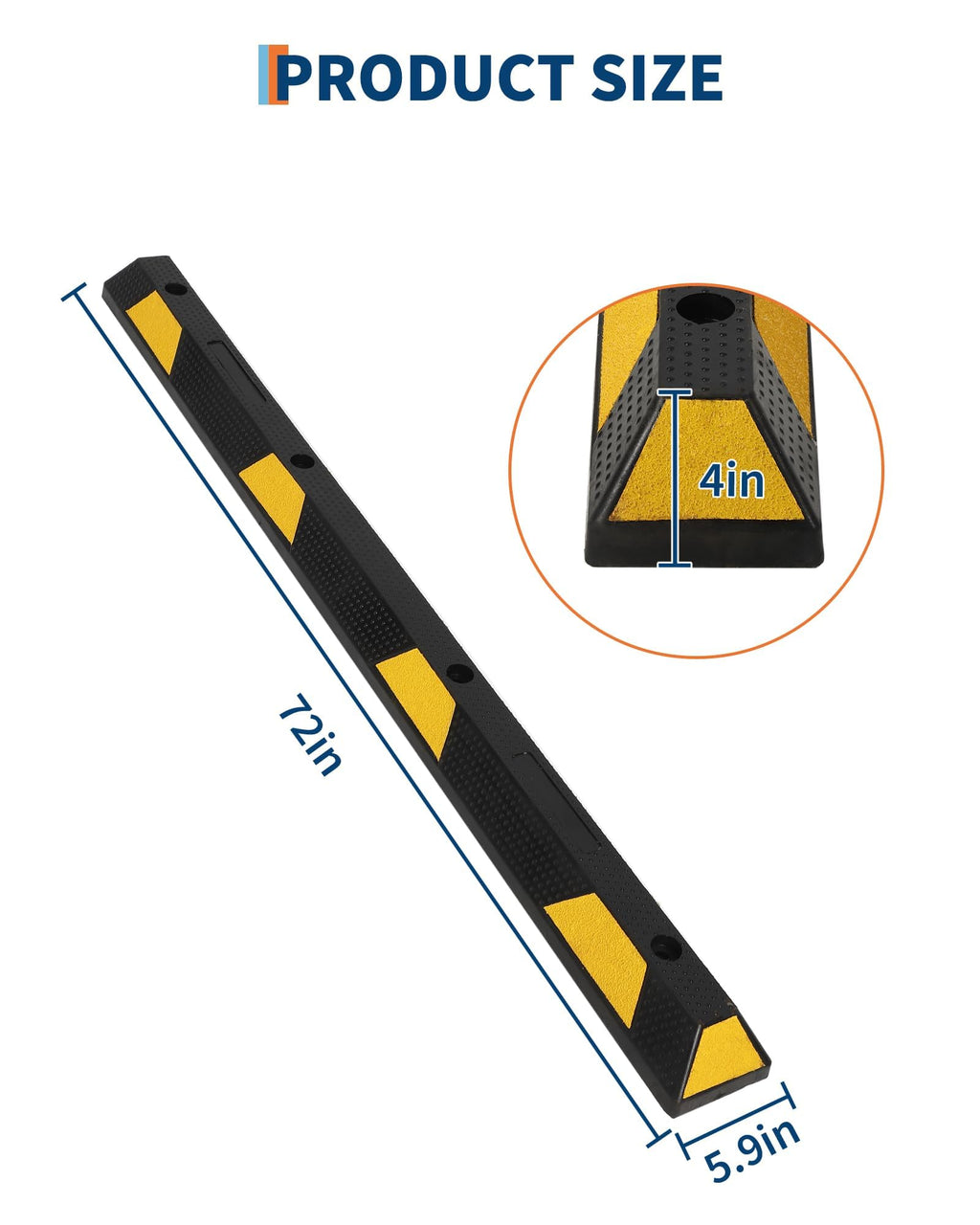 Garvee 72 in Rubber Parking Curb Heavy Duty Reflective Stripes Garage Bumpers 72x6x4 in Black