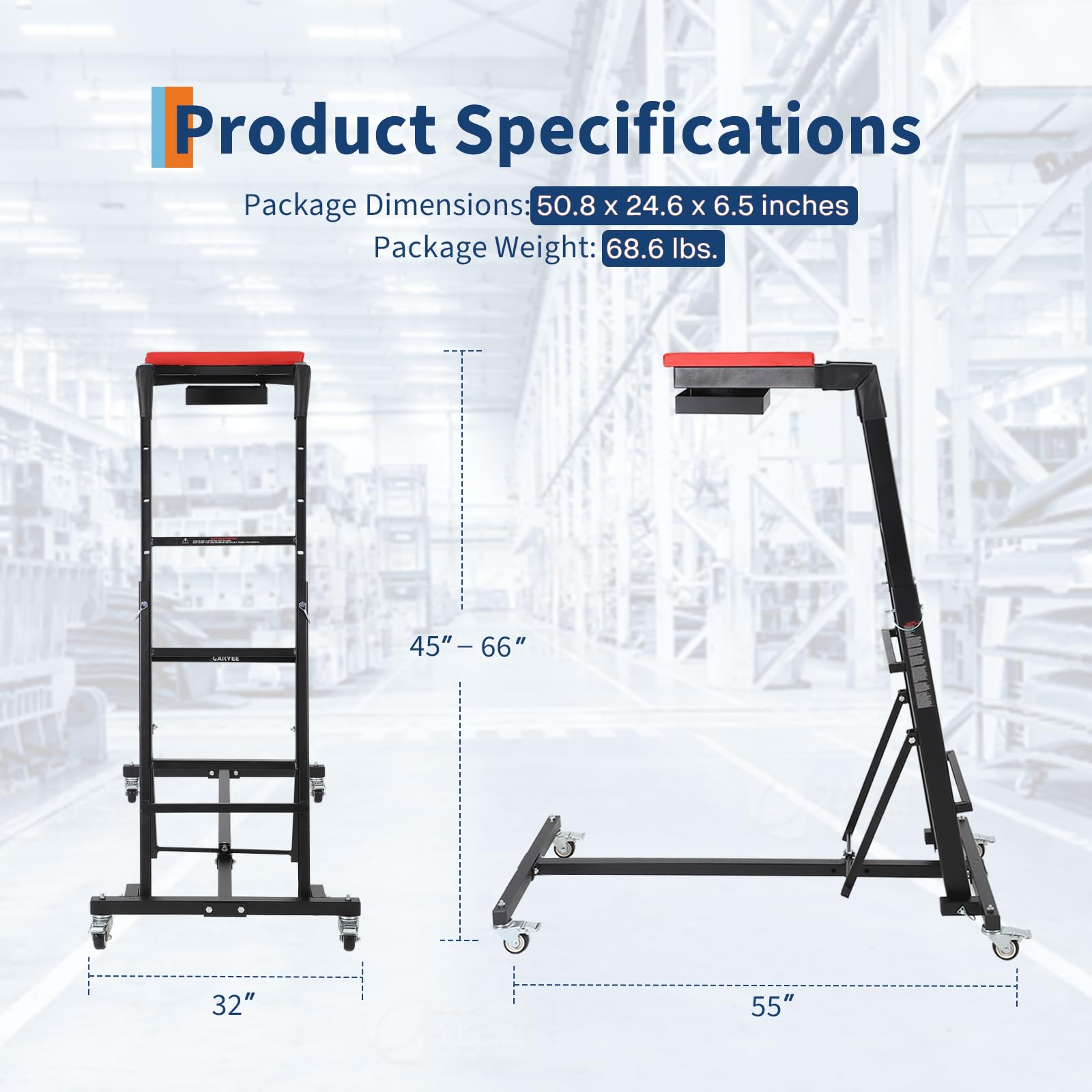 Garvee Heavy-Duty Foldable Automotive Engine Creeper, Adjustable Height 45" to 66", 400 lbs Capacity, 4 Brake Wheels, Storage Tray, and Padded Deck for Auto Repair & Trucks