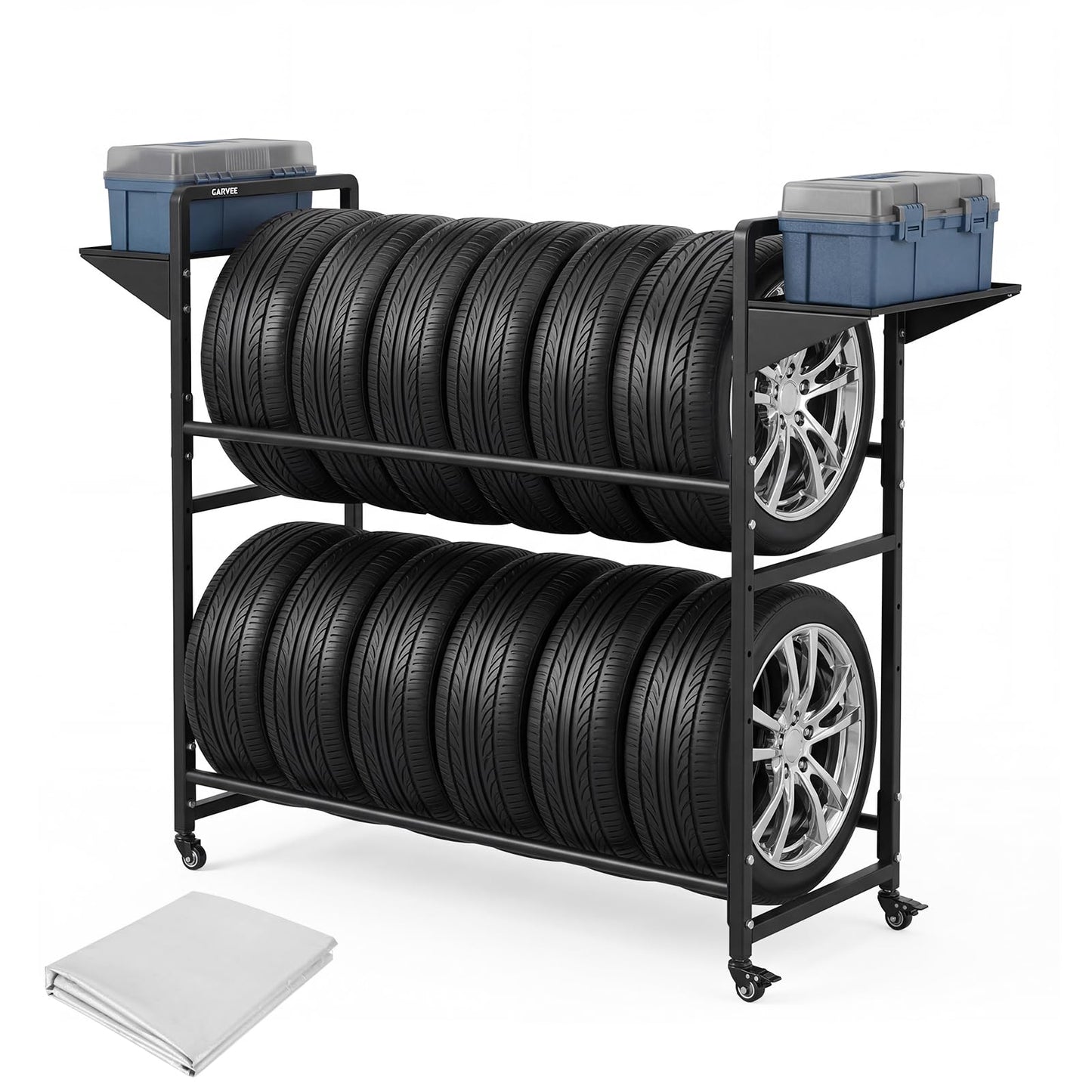 Garvee Tire Storage Rack Adjustable Rolling with Anti-Dust Cover for Garage Organization, 44" x 16" x 44", Black, 4 Swivel Casters & 2 Shelves