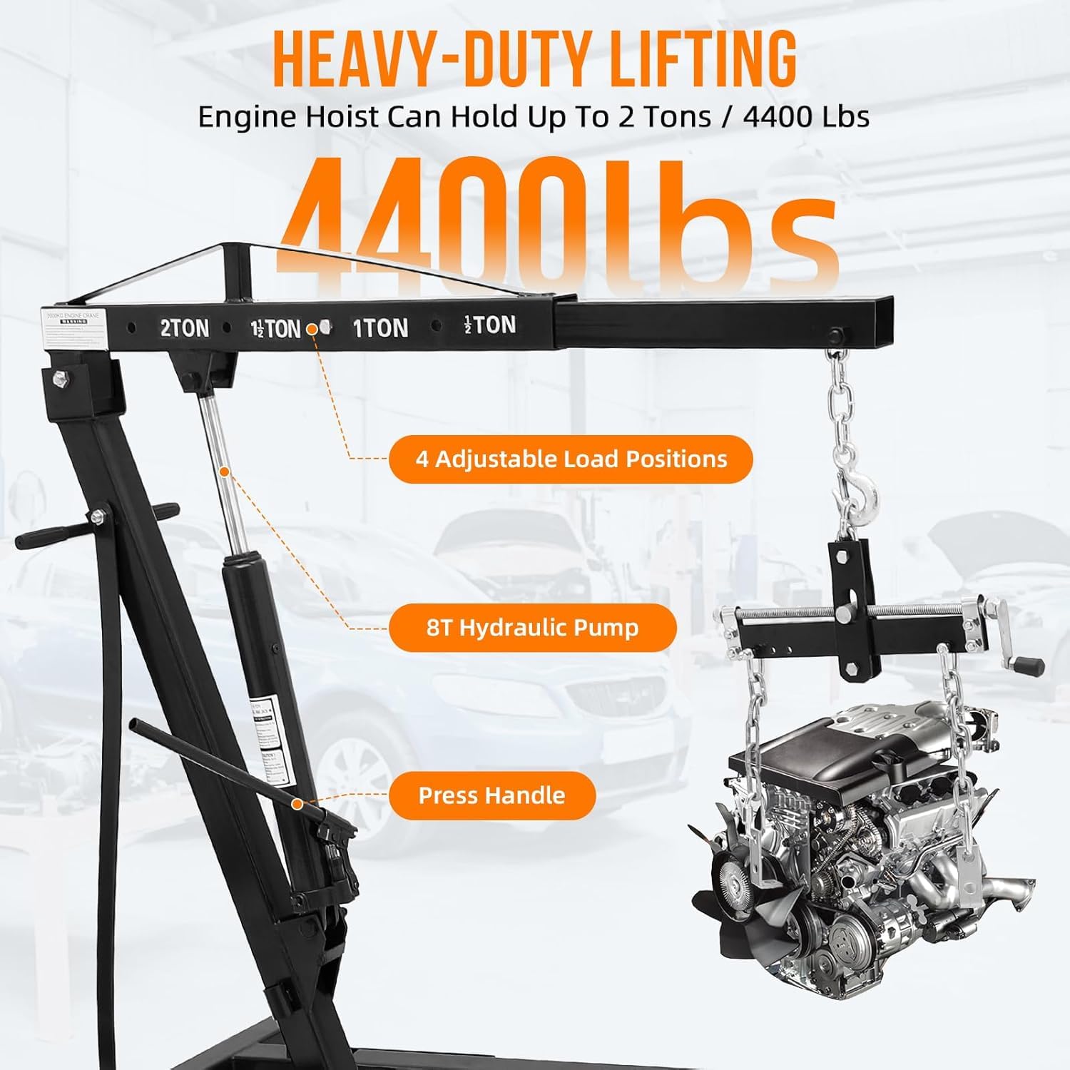 Garvee Engine Hoist With Lever 2 Ton 4000 Lbs Heavy Duty Folding Cherry Picker Hydraulic Lift For Garage Car Shop Auto Repair Black