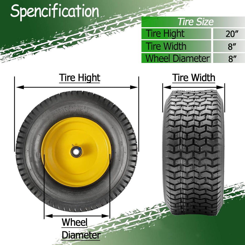 Garvee 20x8.00-8 Tubeless Lawn Mower Tires with Rim (Fit Most Ariens, Husqvarna), 3.48" Offset Hub, 0.757" Bushing with 0.197" Keyway, 20x8-8 20x8x8 Turf Tire, 4 Ply, 965lbs Capacity, Set of 2