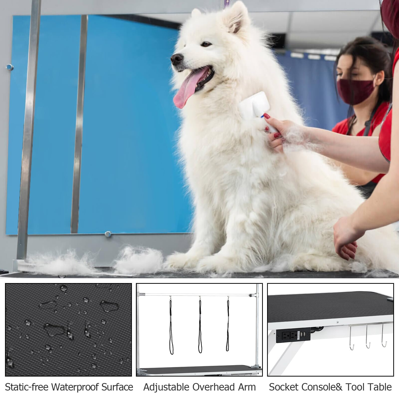 Garvee 47" Electric Dog Grooming Table, Pet Grooming Table for Dogs & Cats, Height Adjustable (9"-40") with Overhead Arm, Anti Slip Tabletop, 3 Grooming Noose, White