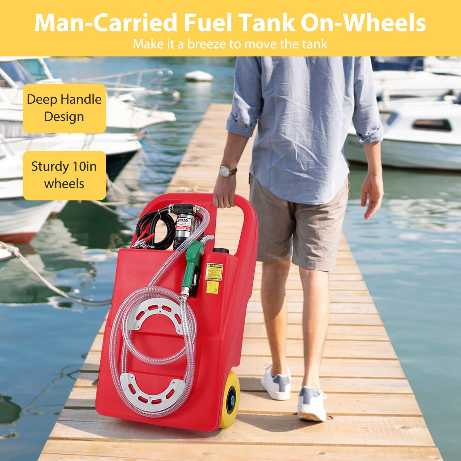 Garvee Fuel Caddy, 26 Gallon Portable Diesel Fuel Tank On-Wheels with Electric Fueling Nozzle & 360° Swivel Connector, Diesel Container with 12V DC 140W Transfer Pump for Cars, Trucks, Boats