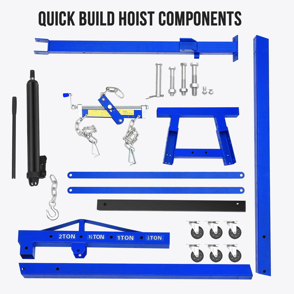Garvee 2-Ton Folding Hydraulic Engine Hoist - Heavy-Duty Engine Crane with Leveler, Telescopic Boom, and 6 Casters for Garage, Workshop, and Warehouse, Blue