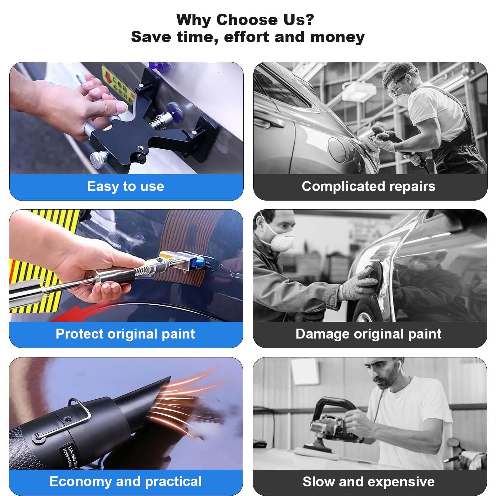 Garvee Paintless Dent Repair Kit - Stainless Steel Dent Puller & Rubber Hammer for Auto Body DIY Car Repair, Multi-Size, Black