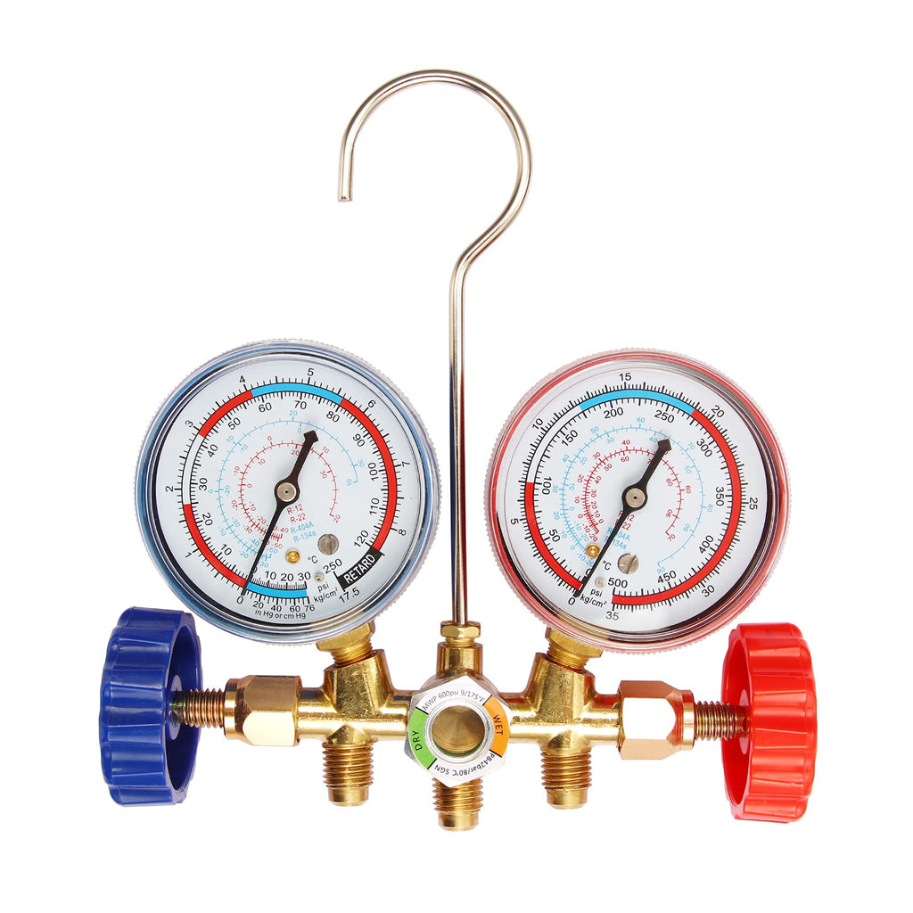 Garvee AC Diagnostic Manifold Gauge Set,Compatible for R134A, R22, R410 Home Car Refrigeration Charging, with Couples, 5FT Hoses(250Psi-500Psi)