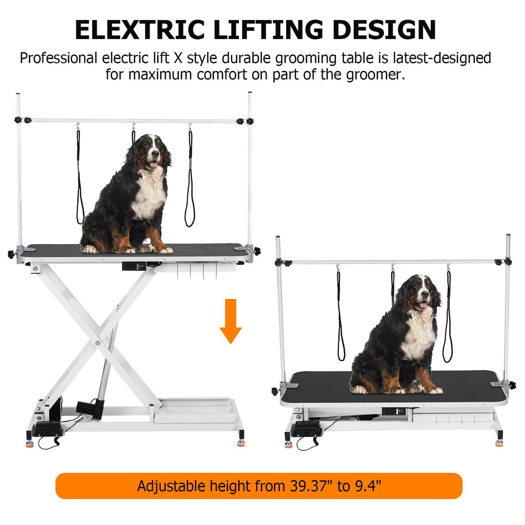 Garvee 47" Electric Dog Grooming Table, Pet Grooming Table for Dogs & Cats, Height Adjustable (9"-40") with Overhead Arm, Anti Slip Tabletop, 3 Grooming Noose, White