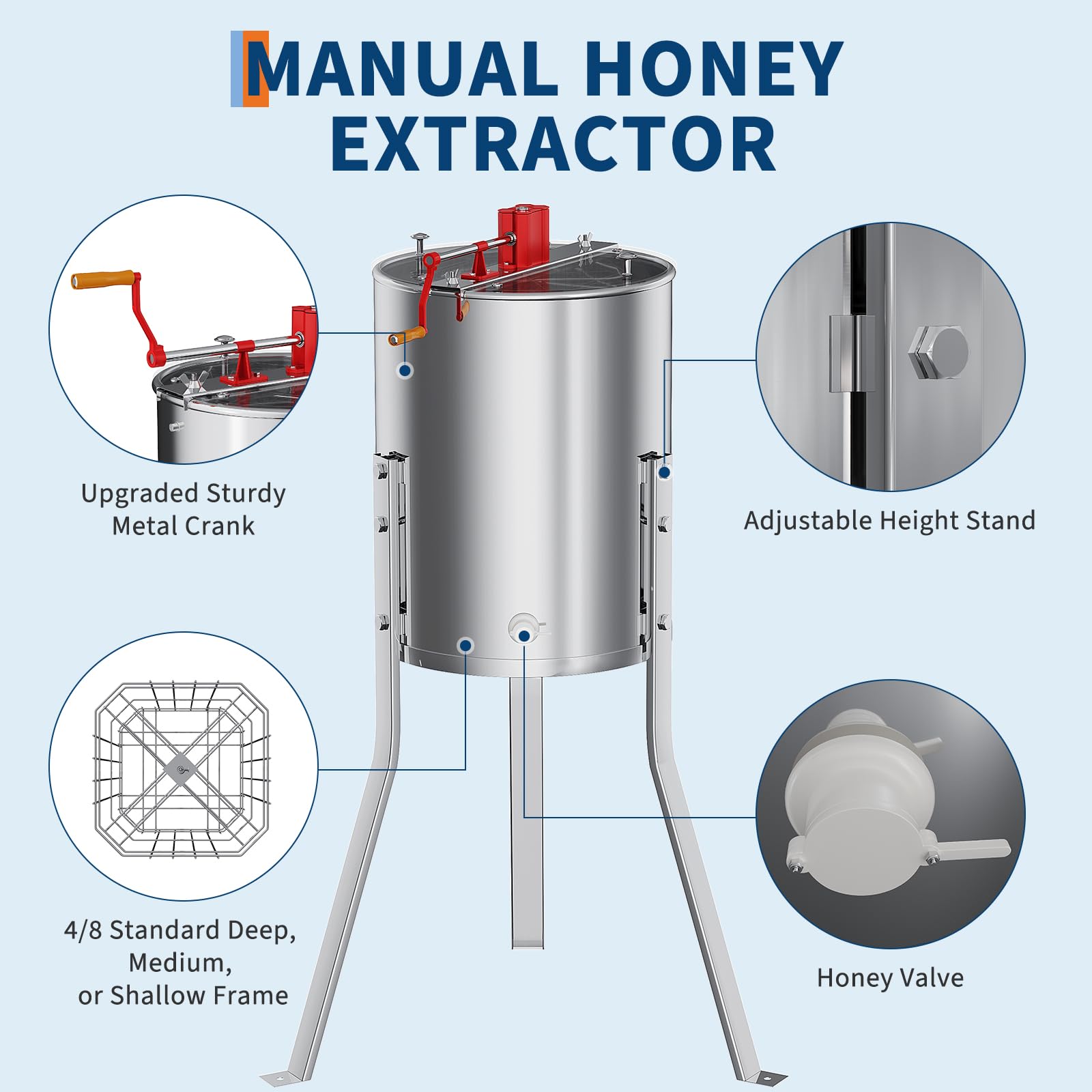 Garvee Manual 4/8 Frame Honey Extractor – Food-Grade Stainless Steel with Adjustable Stand & Transparent Lid for Small-Scale Beekeeping & Harvesting