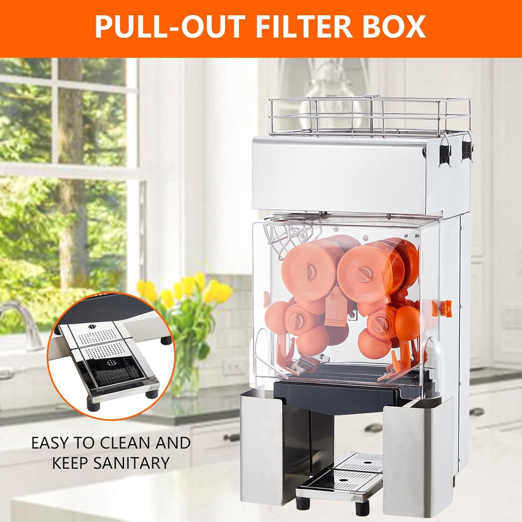 Garvee Commercial Automatic Juicer Machine 120W (110V) – High-Speed 30 Oranges/Min, Detachable Filter & Peel Bins, SUS304/PP for Cafes/Gyms