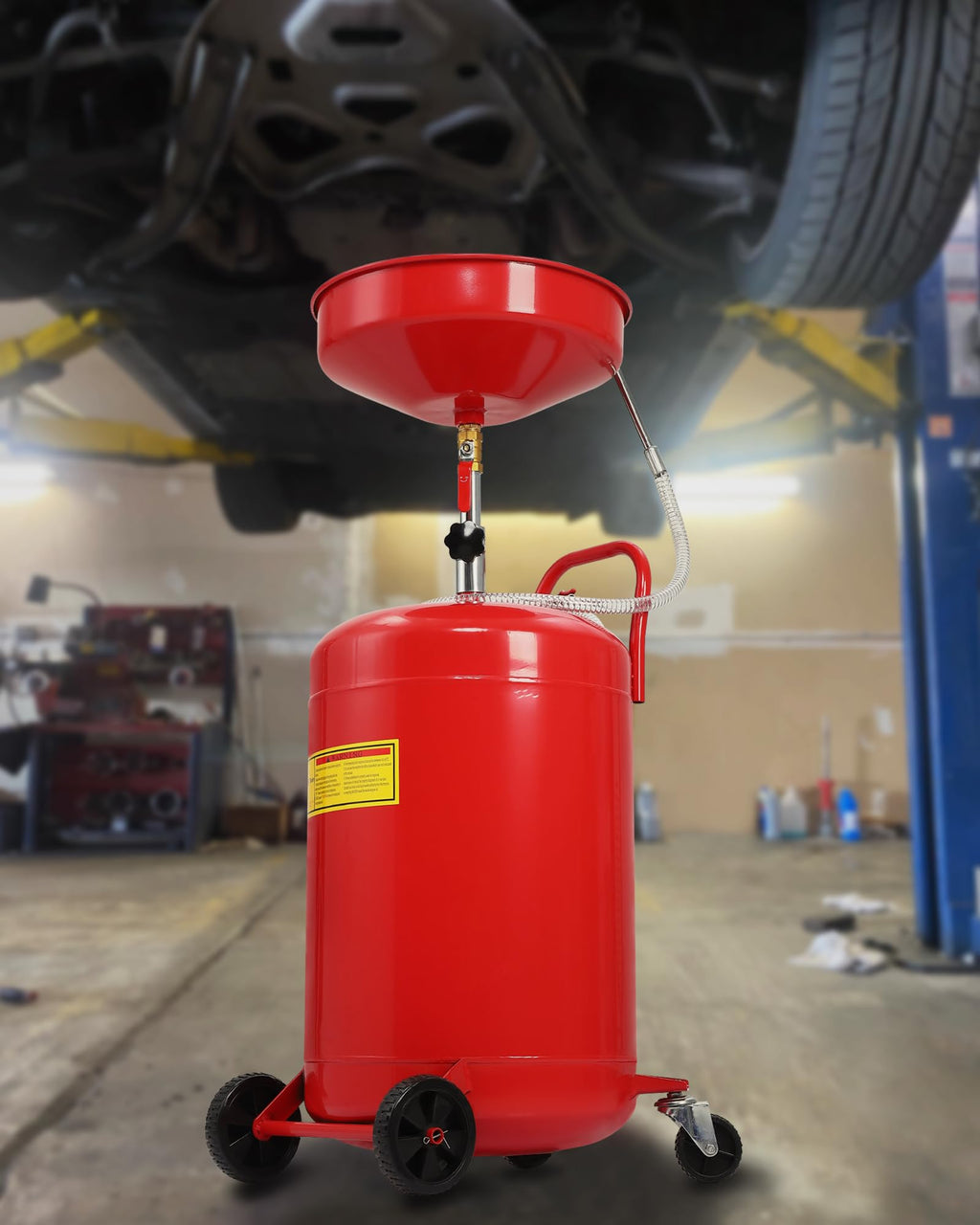 Garvee 18 Gallon Portable Oil Drain Tank, Air Operated & Adjustable Funnel Height with Wheel for Cars Trucks Suvs, Red