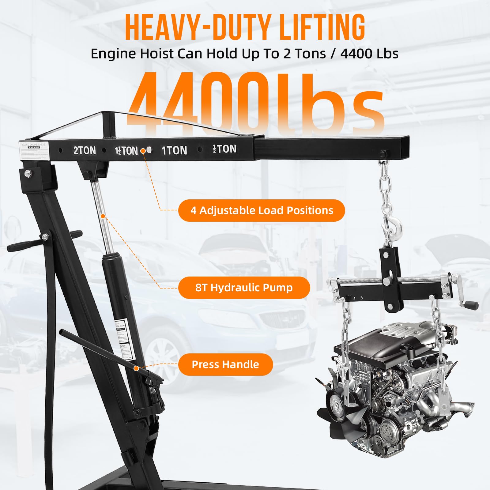 Garvee 2T Engine Hoist with Lever - 4400 lbs Heavy-Duty Folding Cherry Picker Hydraulic Tilting Shop Crane with 6 Iron Caster Wheels, Telescopic Boom, and Hitch, Black