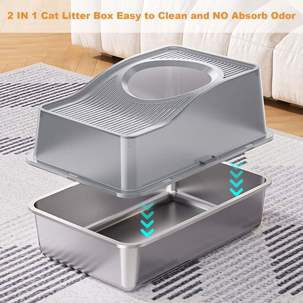 Garvee Stainless Steel Cat Litter Box with Hollow Lid and Heightened Lid Anti-Splashing, Top-Entry Deodorizing Large Cat Toilet, Grey, 60x40x39.5cm, Basin 20cm High