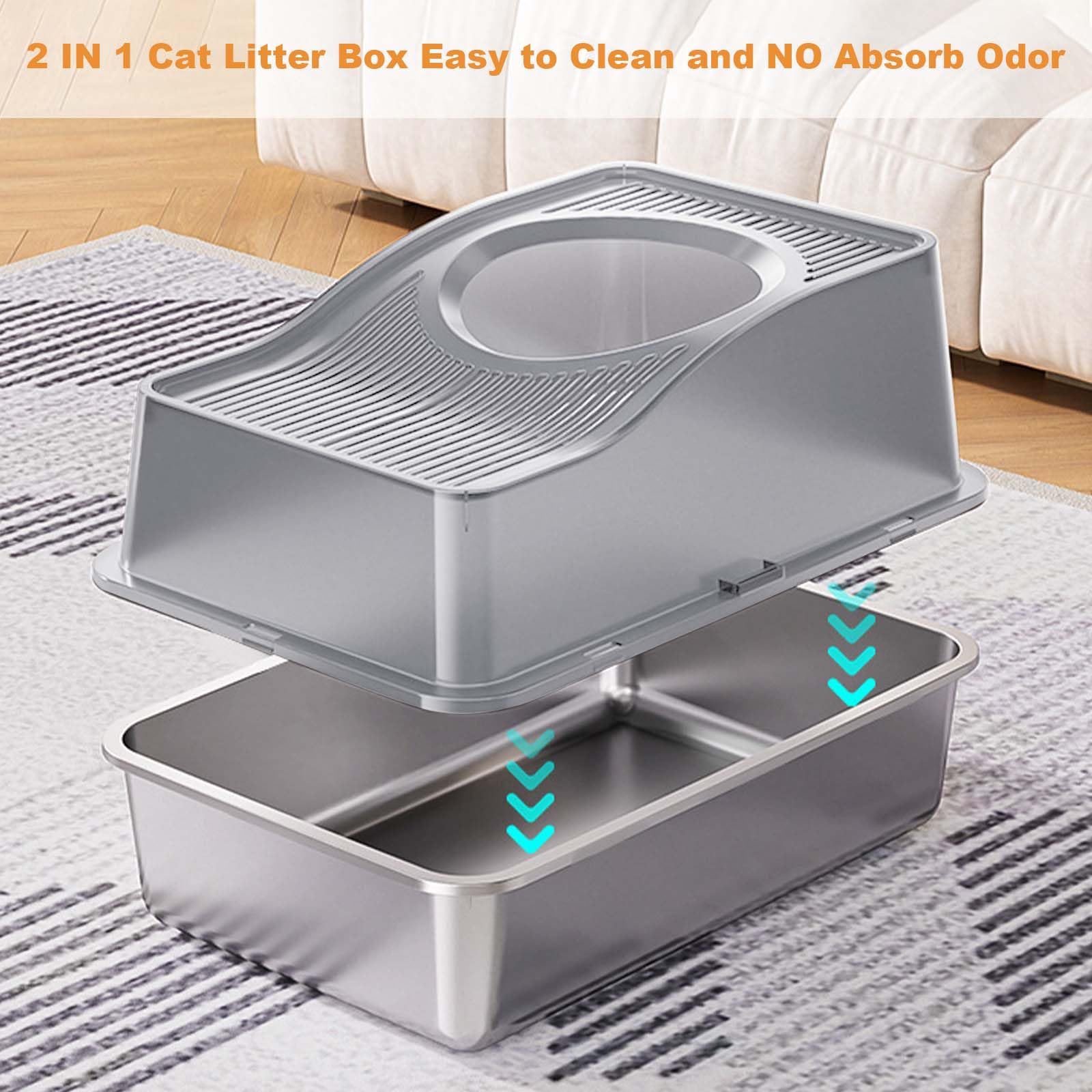 Garvee Stainless Steel Cat Litter Box with Hollow Lid and Heightened Lid Anti-Splashing, Top-Entry Deodorizing Large Cat Toilet, Grey, 60x40x39.5cm, Basin 20cm High