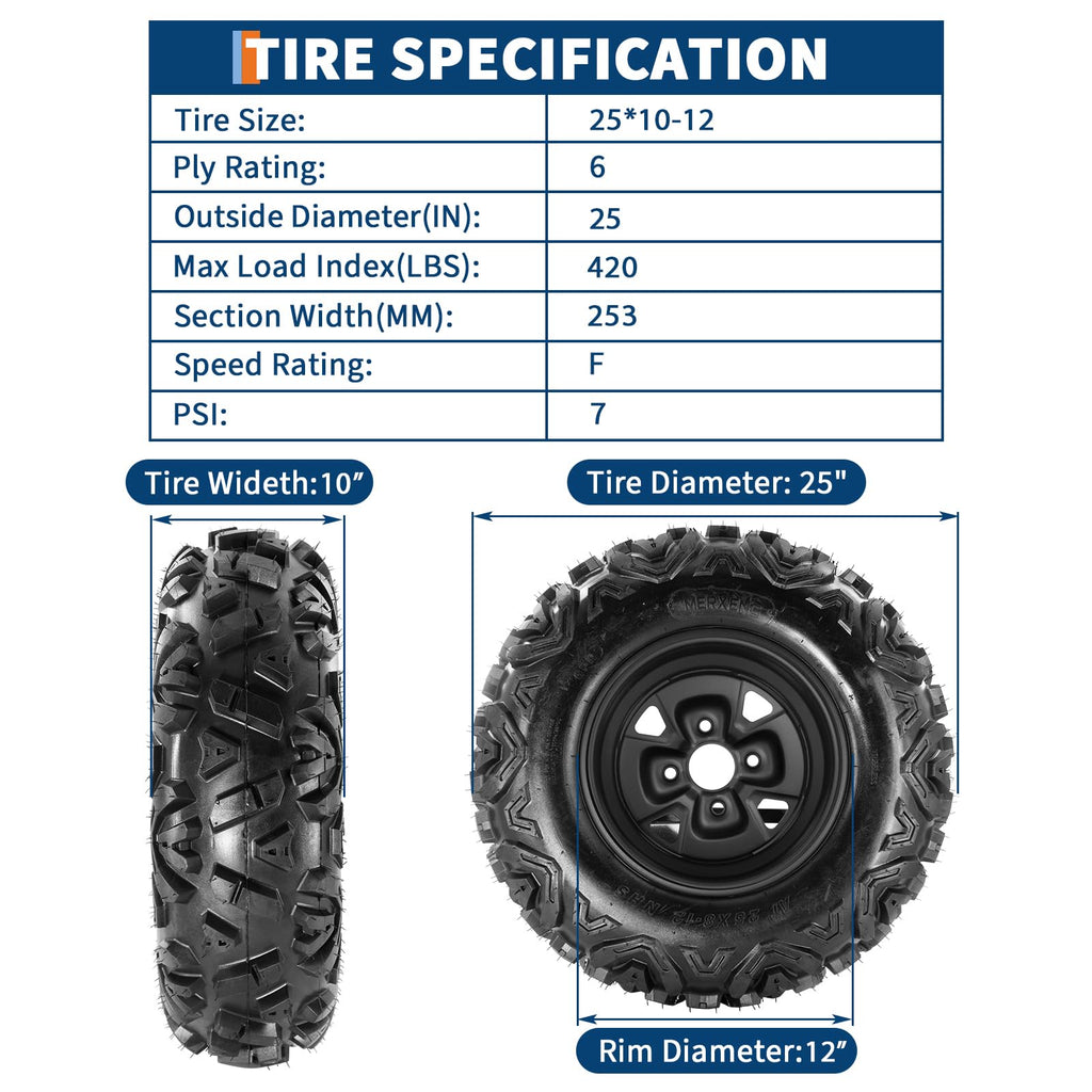 Garvee 2 PCS 25x10-12 ATV Tires with 12" Wheel Rim 4 Bolt, All-Season Off-Road Mud Sand Terrain, 12x7" Rim, Black