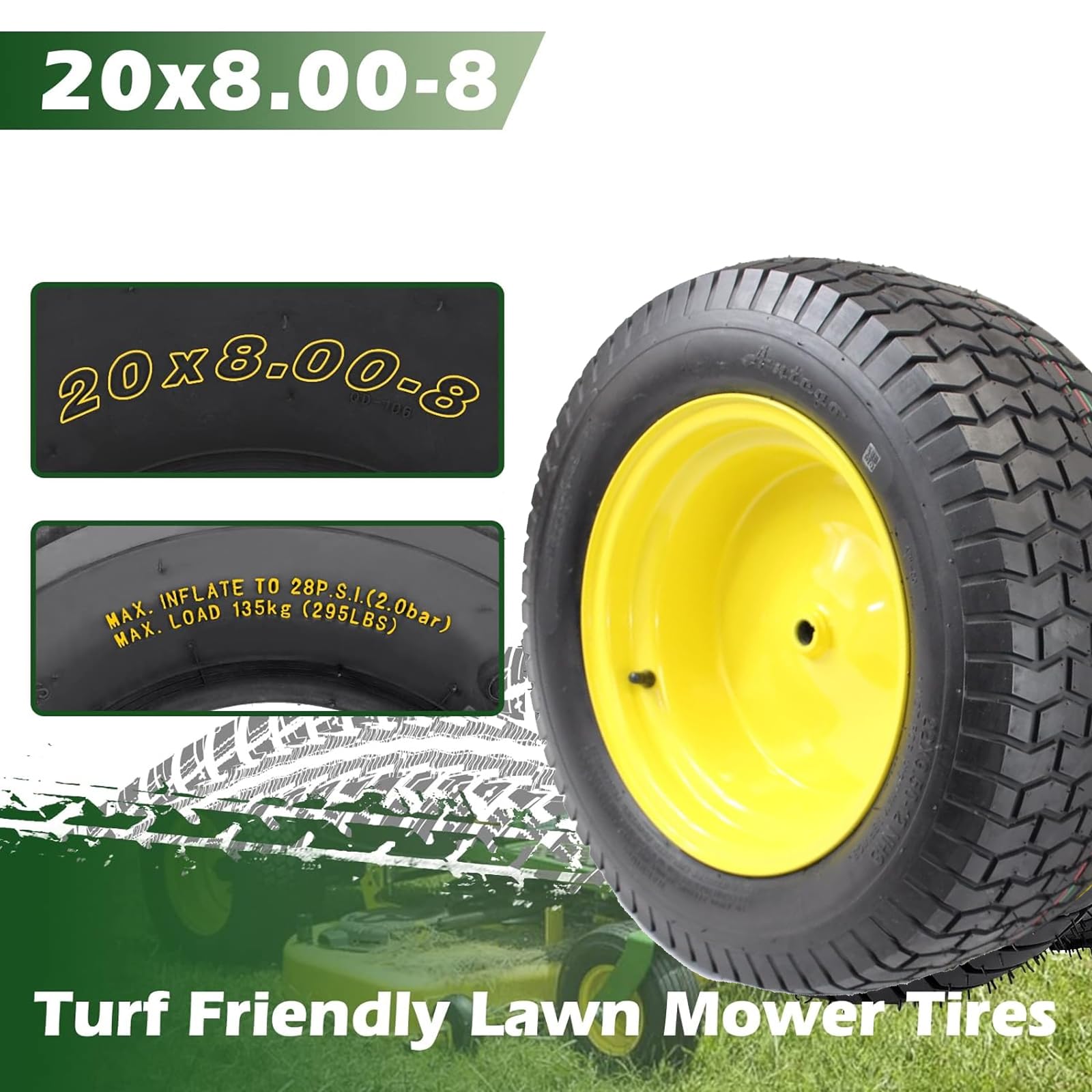 Garvee 20x8.00-8 Tubeless Lawn Mower Tires with Rim (Fit Most Ariens, Husqvarna), 3.48" Offset Hub, 0.757" Bushing with 0.197" Keyway, 20x8-8 20x8x8 Turf Tire, 4 Ply, 965lbs Capacity, Set of 2