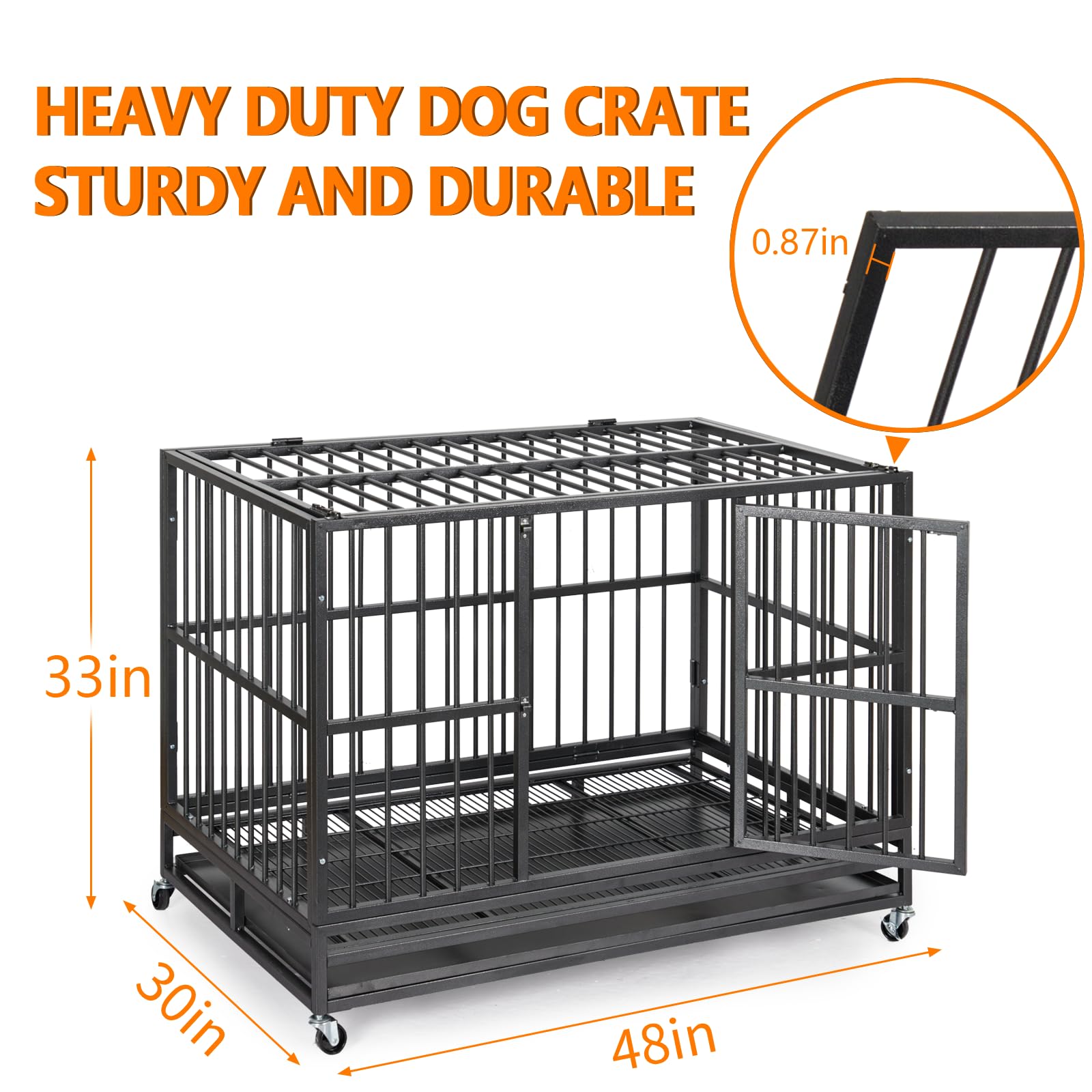 Garvee 48" Heavy Duty Dog Crate, Cage Kennel with Wheels&Brakes, High Anxiety Indestructible, Sturdy Locks Design, Double Door and Removable Tray for Large Pets(Black)
