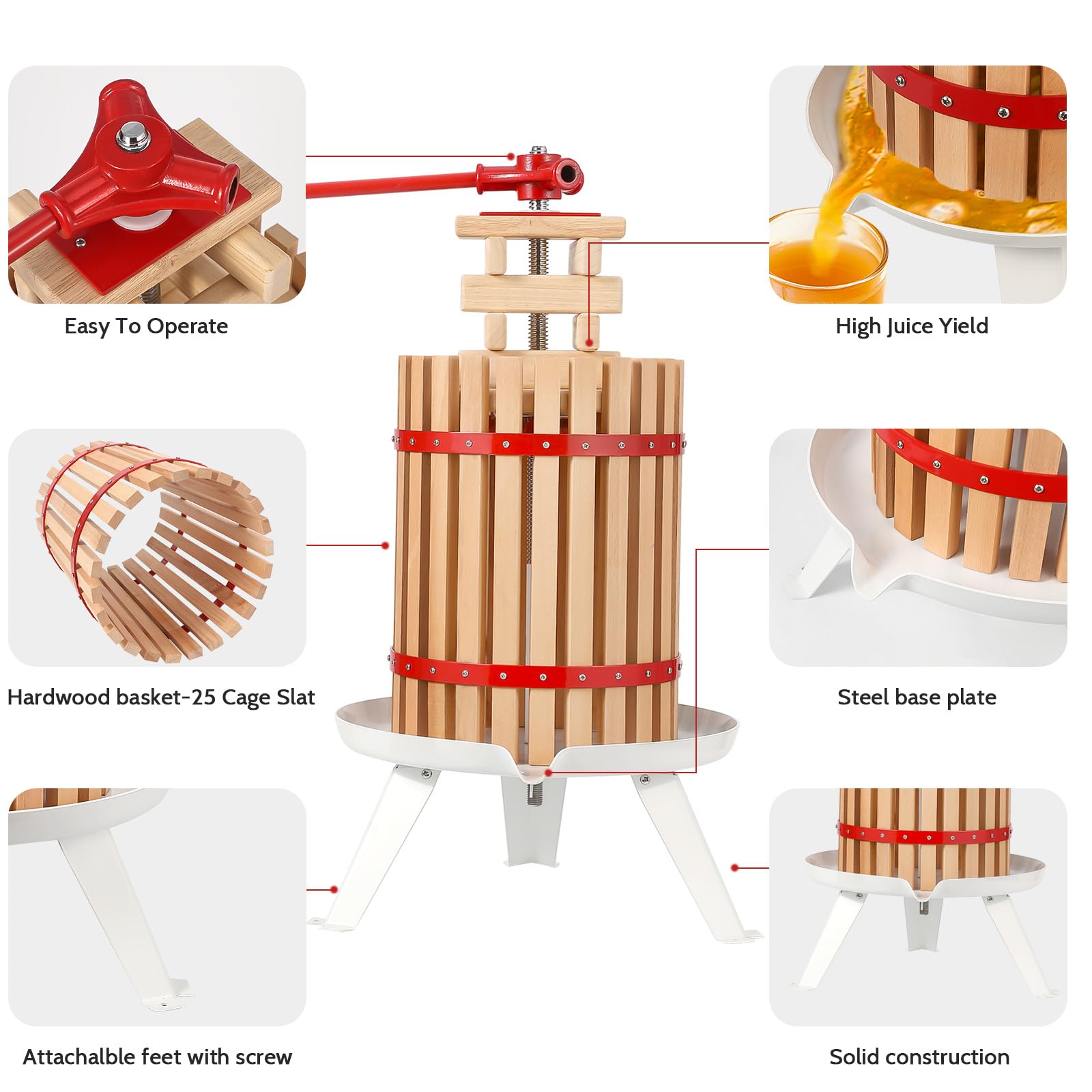 Garvee 4.75 Gal Manual Fruit Wine Press, Wood Steel Fruit and Wine Press With T-Handle, Stable Triangular Structure, Wine Making Press for Outdoor, Kitchen, Manual Assembly Required