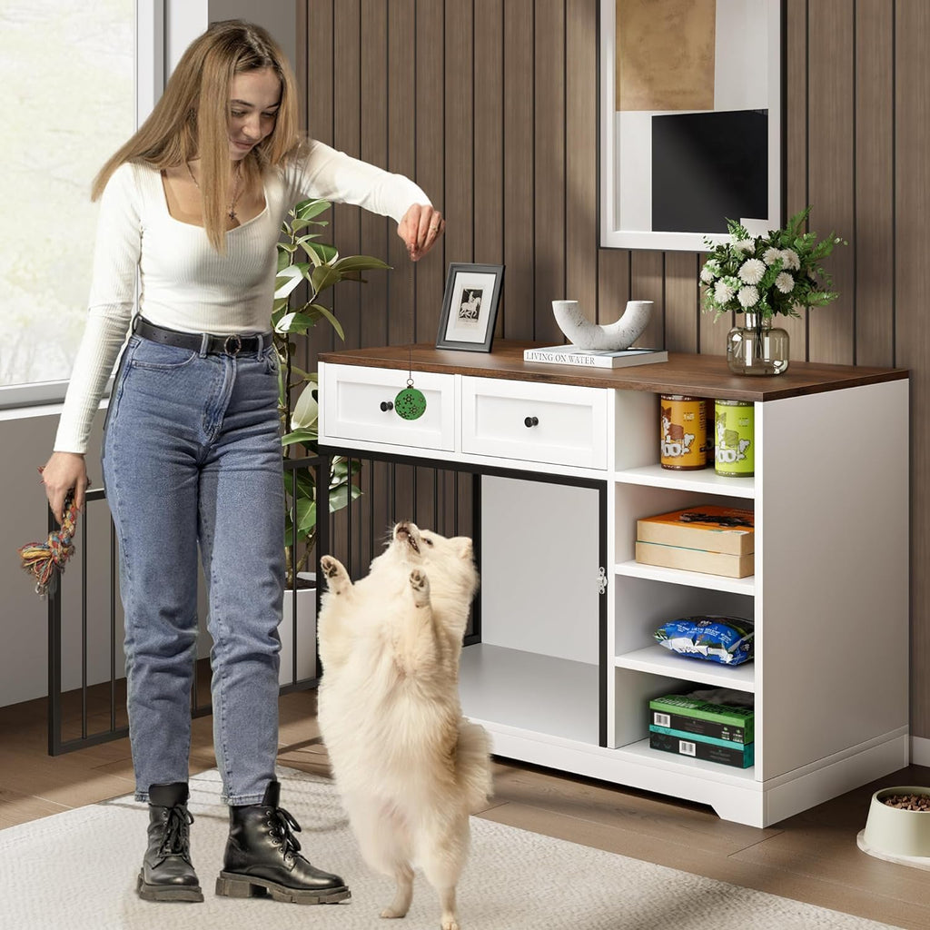 Garvee Large Wooden Dog Crate Furniture with 2 Drawers & 4 Shelves, Heavy Duty, Decorative Indoor Kennel, White