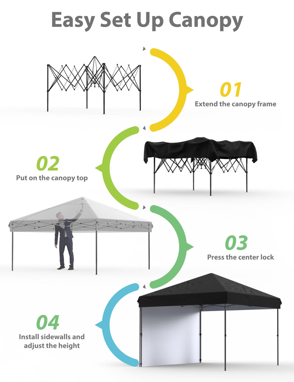 Garvee 10'x10' Pop-Up Canopy Tent - Portable Instant Gazebo with 1 Removable Sidewall, 4 Stakes & Ropes for Outdoor Events, Patio, Party, Camping, Black