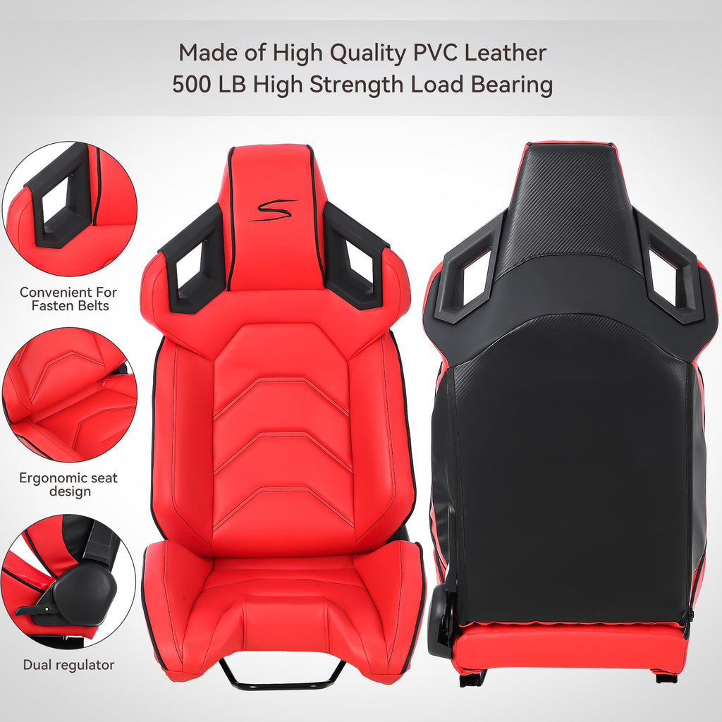 Garvee 1 Piece Universal Racing Seats with Dual Lock Sliders, PU Leather, Racing Bucket Seats, 23.6"×19.7"×37.4", Red+Black Stitching Racing Seat, Driver Side