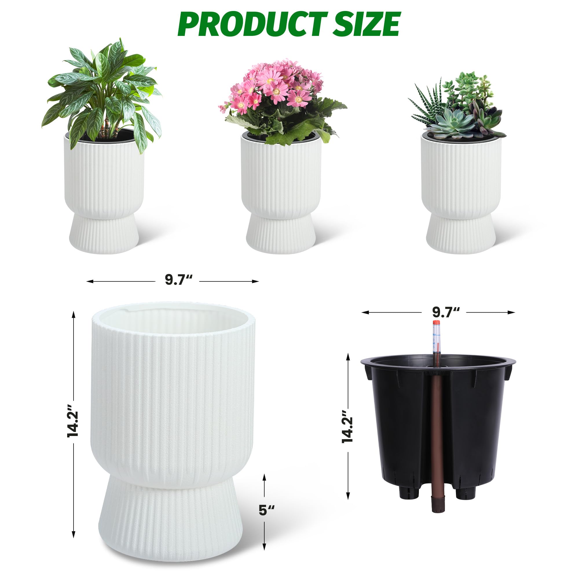 Garvee 14 Inch Plant Pots, Self Watering Planters Set of 2 with Drainage Holes, Tall planters for Indoor Plants, Flower Pots with Water Level Monitor, for Patio, Porch, Living Room, Home Office, White