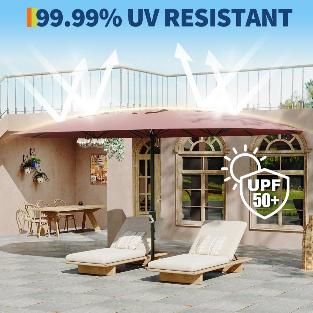 Garvee 13' Double-Sided Outdoor Patio Umbrella - Rectangle Market Umbrella with Crank Handle for Poolside, Backyard, Large Patio, Wine Red