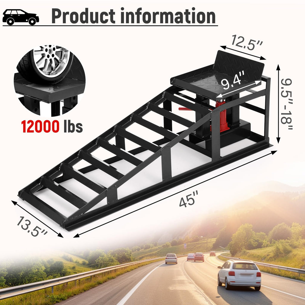 Garvee 2 Pack Car Ramps - 5T (12000 lbs) Hydraulic High Lift Service Ramps, Low-Profile Heavy-Duty Automotive Lifts for Oil Changes, Fully Welded Structure for Home Garage, Black