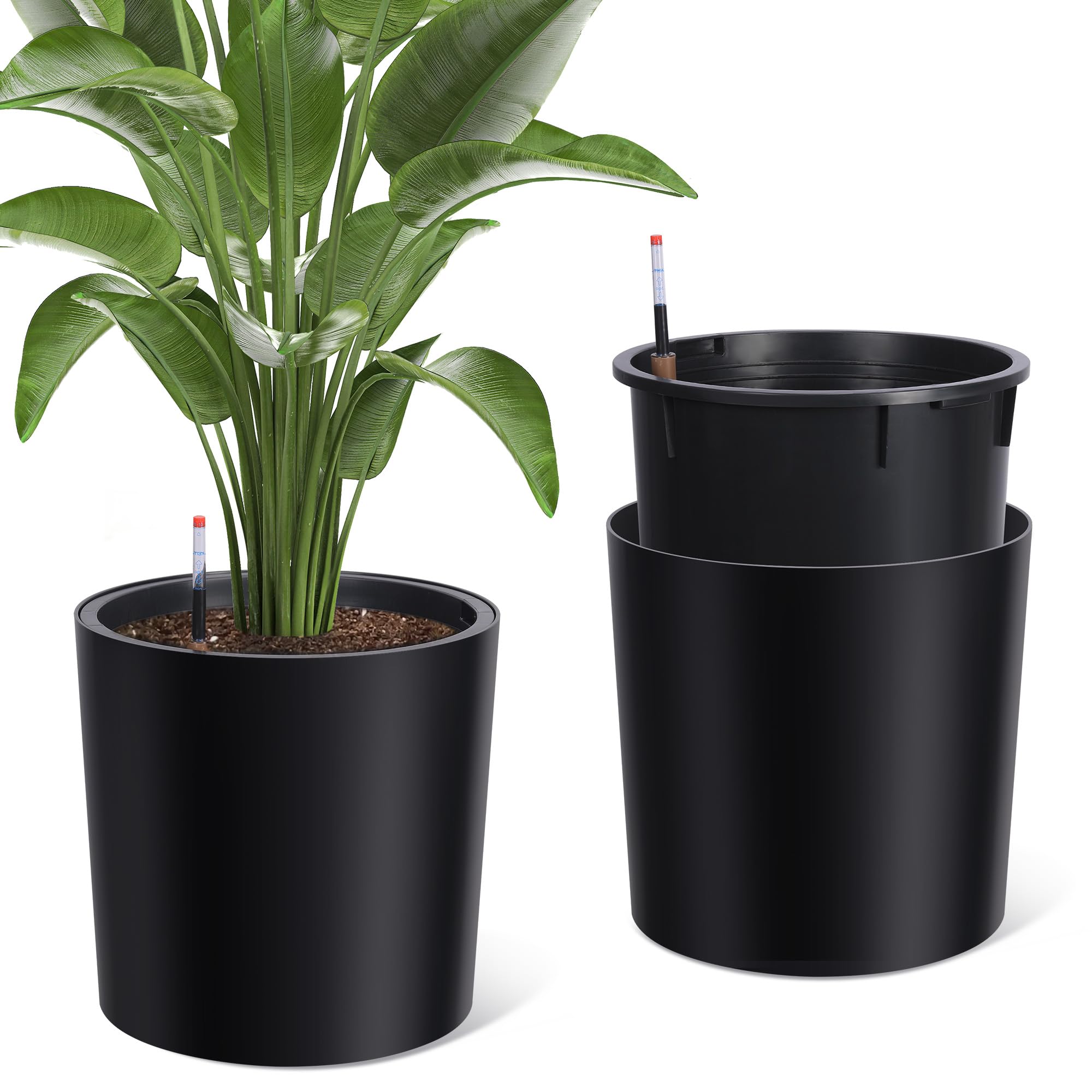Garvee Tall Round Planter Set of 2, 20" Large Flower Pot Outdoor, Planters for Indoor Plants with Built-in Drainage and a Water Level Monitor and Wheels for Patio, Porch, Living Room, or Home Office, Black