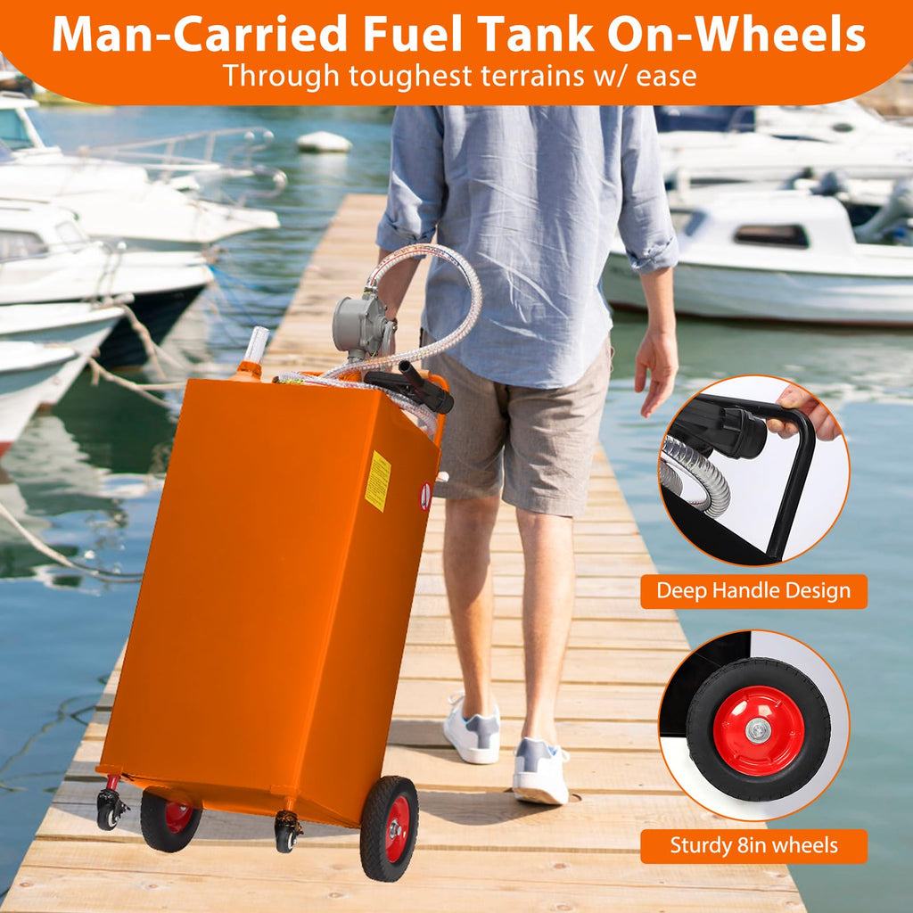 Garvee 35 Gallon Fuel Caddy with Manual Transfer Pump, Heavy-Duty Stainless Steel Fuel Tank, 4-Wheel Mobile Design for Gasoline & Diesel, Portable, Durable