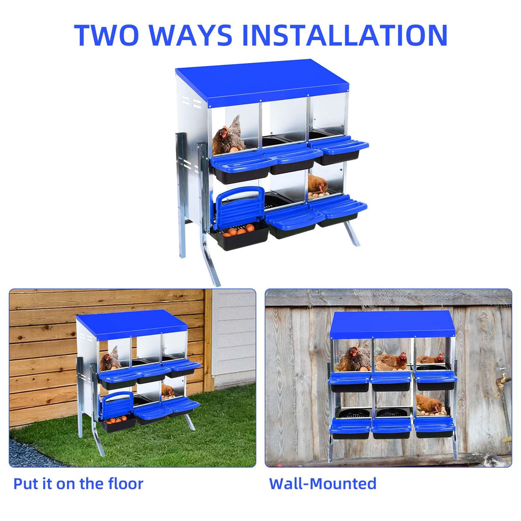 Garvee Chicken Nesting Box 6-Hole Roll Away Egg Laying Box with Lid Heavy-Duty Galvanized Steel Rustproof Design Blue with Bracket Legs