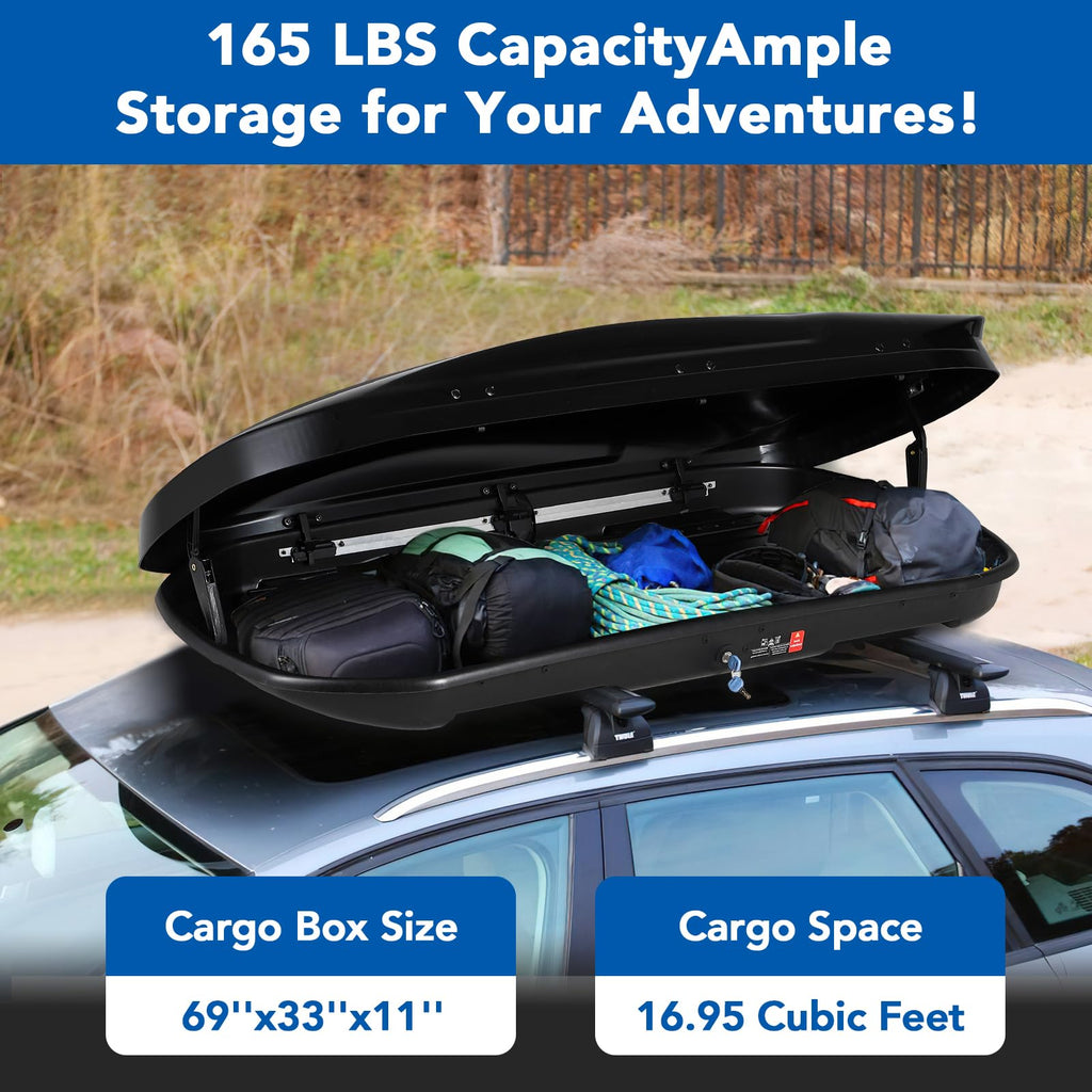 Garvee 69 Inch Rooftop Cargo Box Carrier 17 Cubic Ft Hard Shell Waterproof Storage Dual Side Opening Black