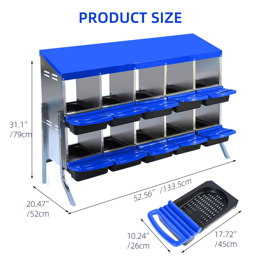 Garvee Chicken Nesting Box 10-Hole Roll Away Egg Laying Box with Lid Heavy-Duty Galvanized Steel Rustproof Design Blue with Bracket Legs