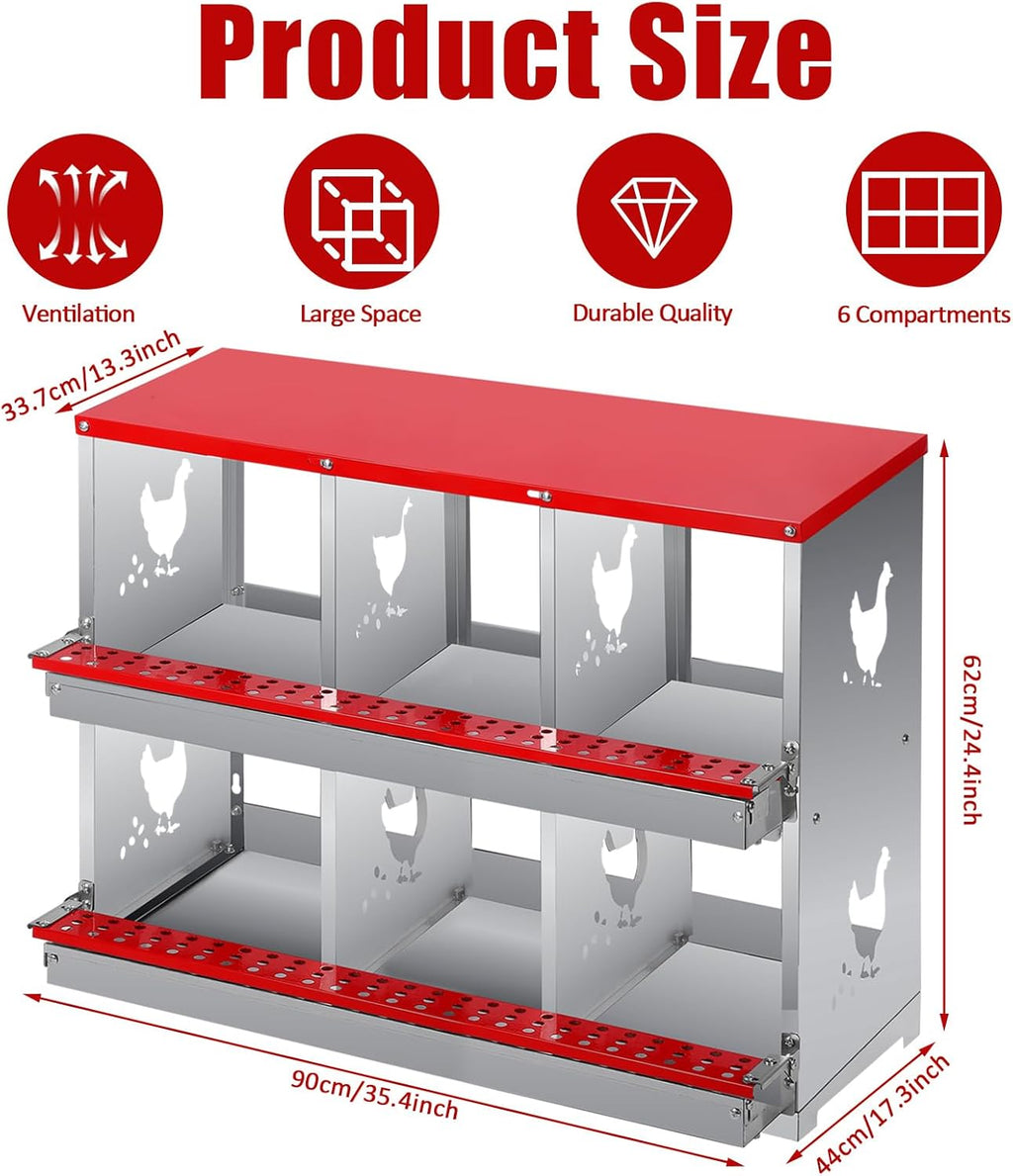 Garvee 6 Compartment Chicken Nesting Box - Heavy Duty Metal Coop with Roll Away Egg Collection, Perch, Lid Cover for Egg Protection - Wall Mount/Free Standing Nest Box for Chickens, Hens, Ducks