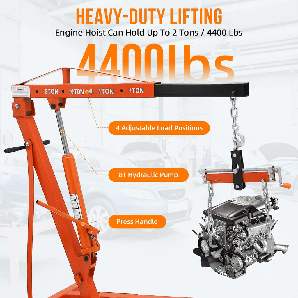Garvee Folding Hydraulic Engine Hoist with Lever, 2T 4400 LBS Cherry Picker Engine Lift, Hydraulic Tilting Shop Crane, 6 Iron Caster Wheels, Telescopic Boom, Orange