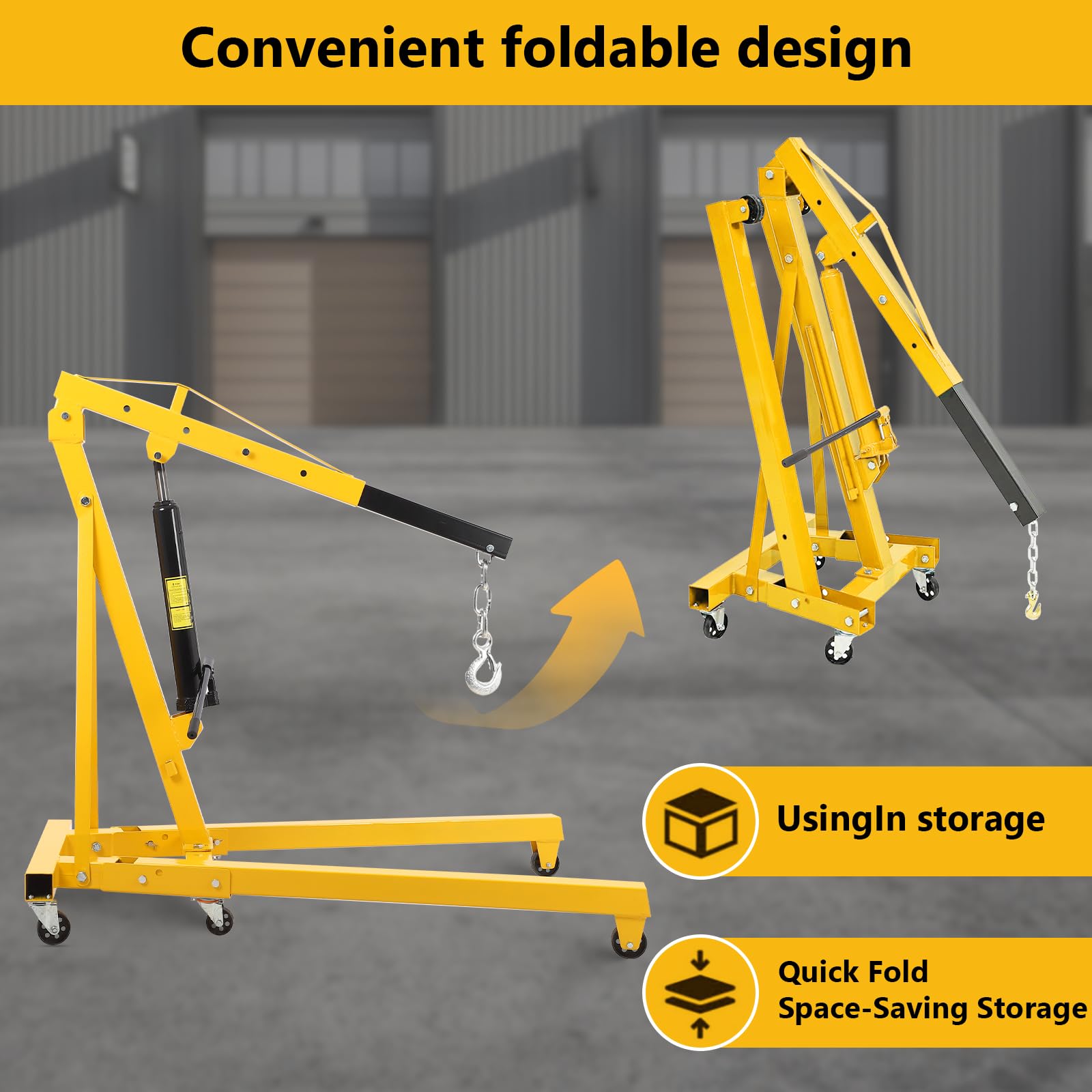 Garvee 4000LB Folding Engine Crane Engine Hoist Cherry Picker 2Ton Ship Crane Heavy Duty Steel Lift Garage Workshop Auto Repair Foldable Stand 6 Caster - Yellow