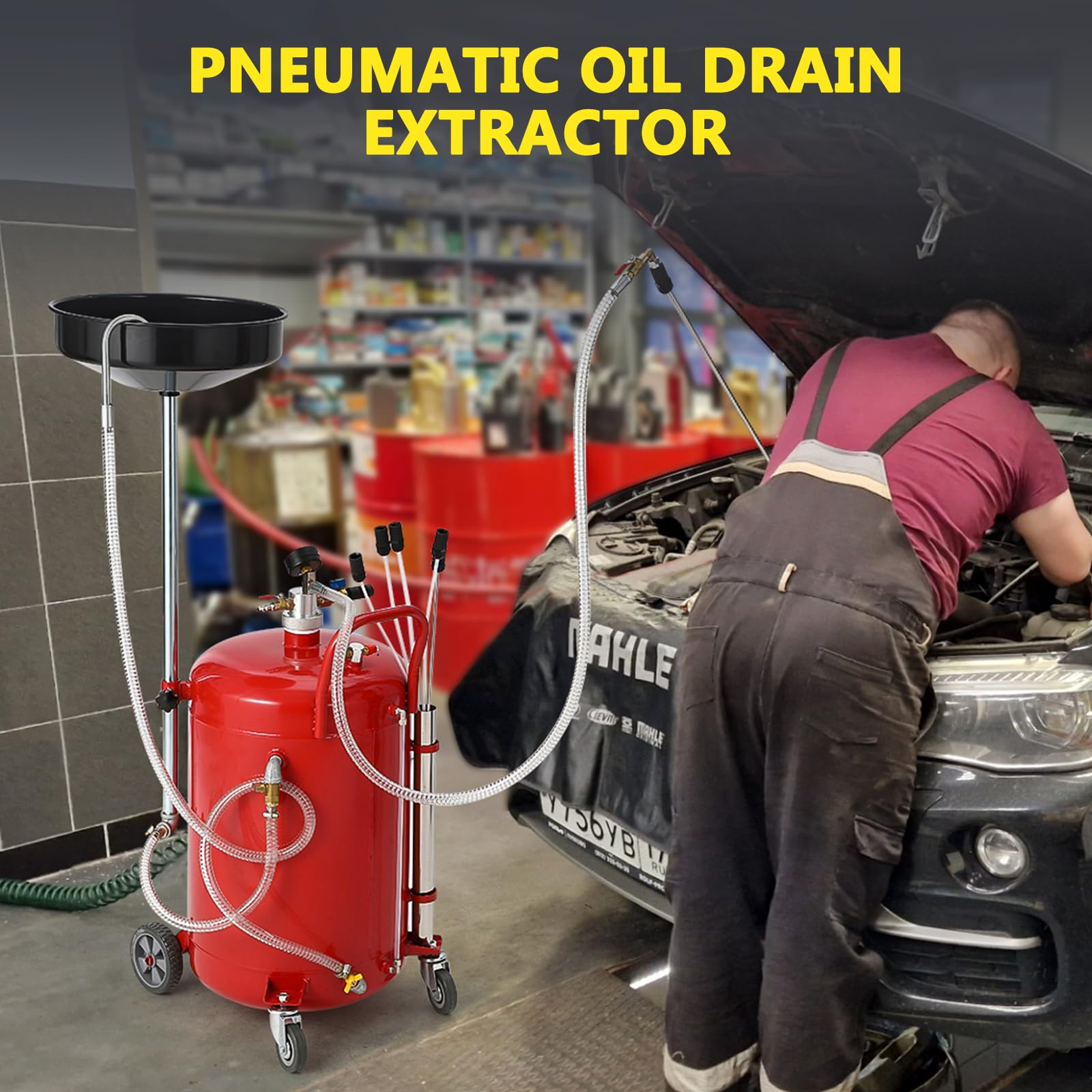 Garvee 20 Gallon Oil Drain Vacuum and Extractor, Pneumatic Oil Drainer, Portable Oil Drain Container with Adjustable Funnel, Steel, Rust-Resistant, Height Adjustable，Upgraded Version Red