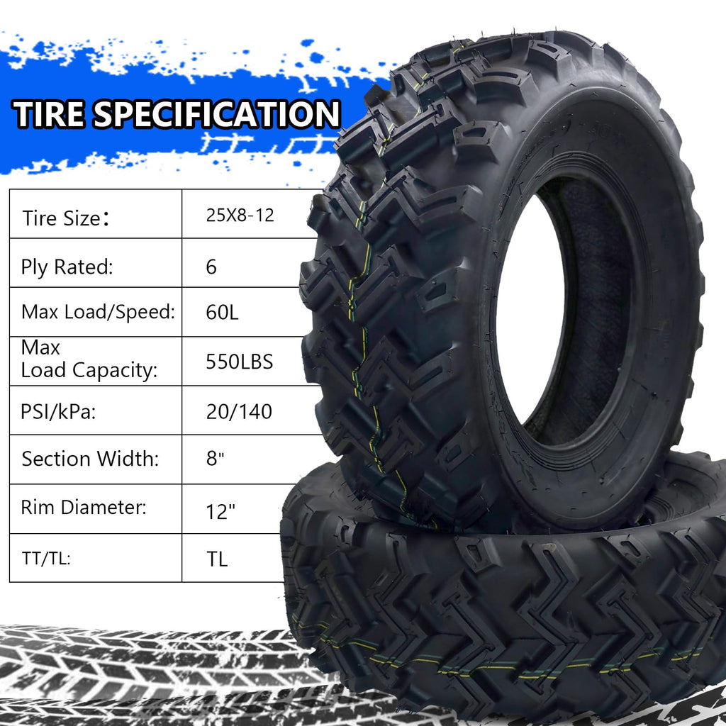 Garvee 25x8-12 ATV/UTV Tires, 6PR All Terrain Tubeless, Set of 2, for Trail Sand Mud Stream Off-Road