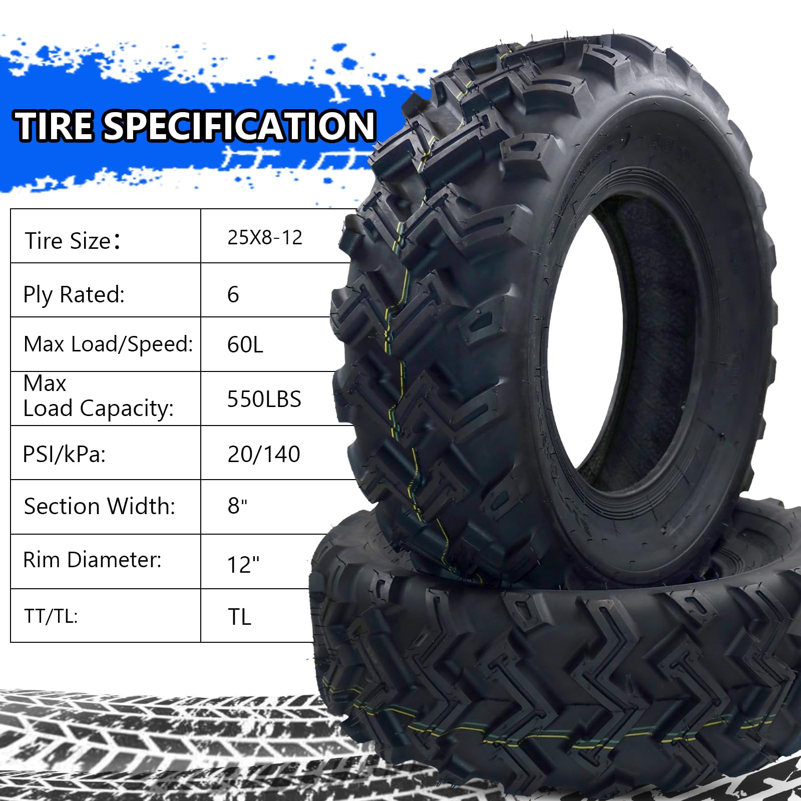 Garvee 25x8-12 ATV/UTV Tires, 6PR All Terrain Tubeless, Set of 2, for Trail Sand Mud Stream Off-Road
