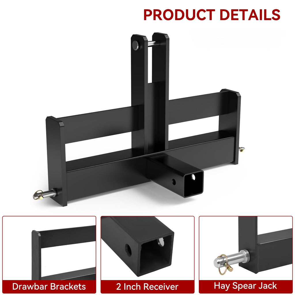 Garvee 3 Point 2" Square Trailer Hitch Receiver Heavy-Duty Steel Black Powder Coated Compatible With Kubota, Mahindra, Ford, Yanmar, John Deere, Massey Ferguson, New Holland