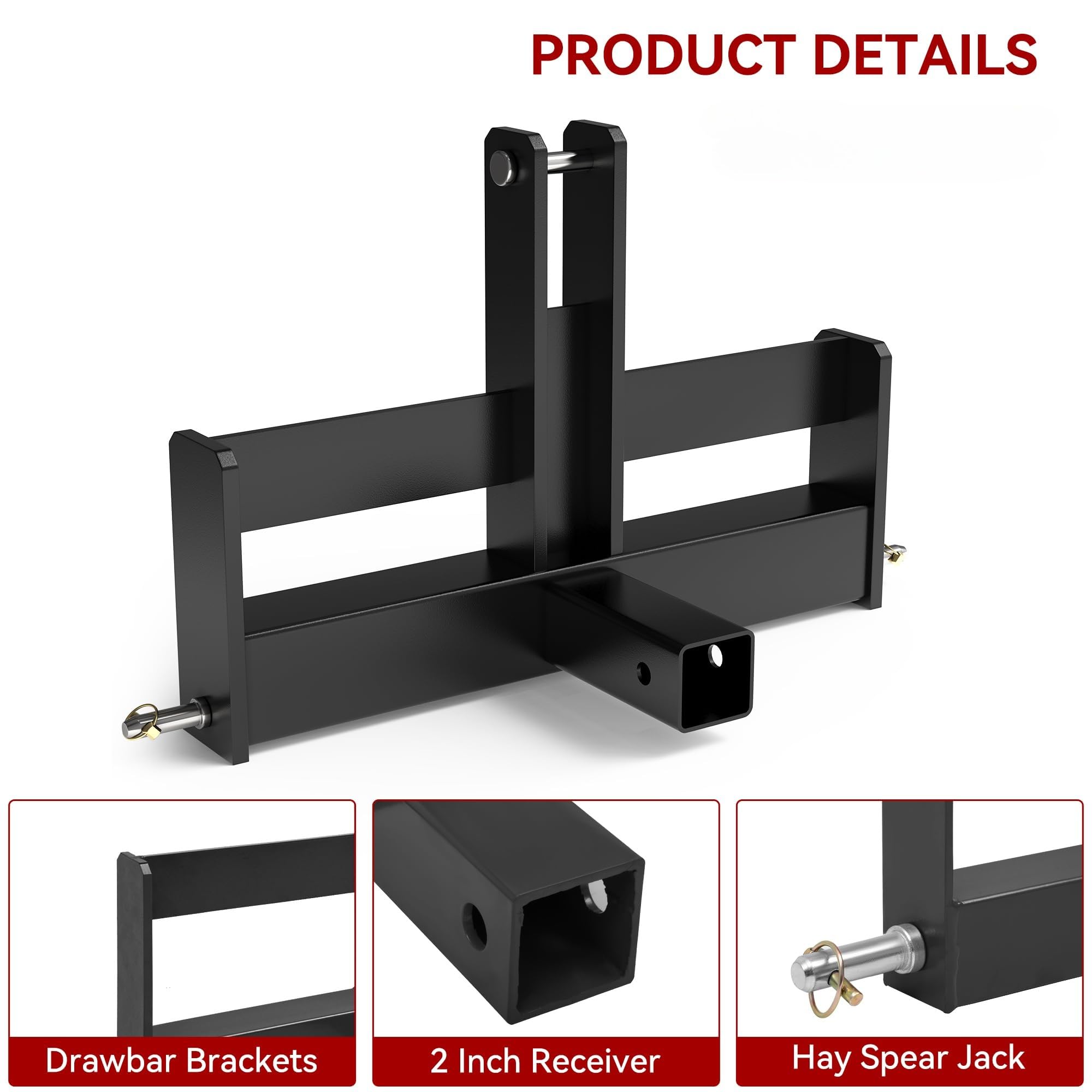 Garvee 3 Point 2" Square Trailer Hitch Receiver Heavy-Duty Steel Black Powder Coated Compatible With Kubota, Mahindra, Ford, Yanmar, John Deere, Massey Ferguson, New Holland