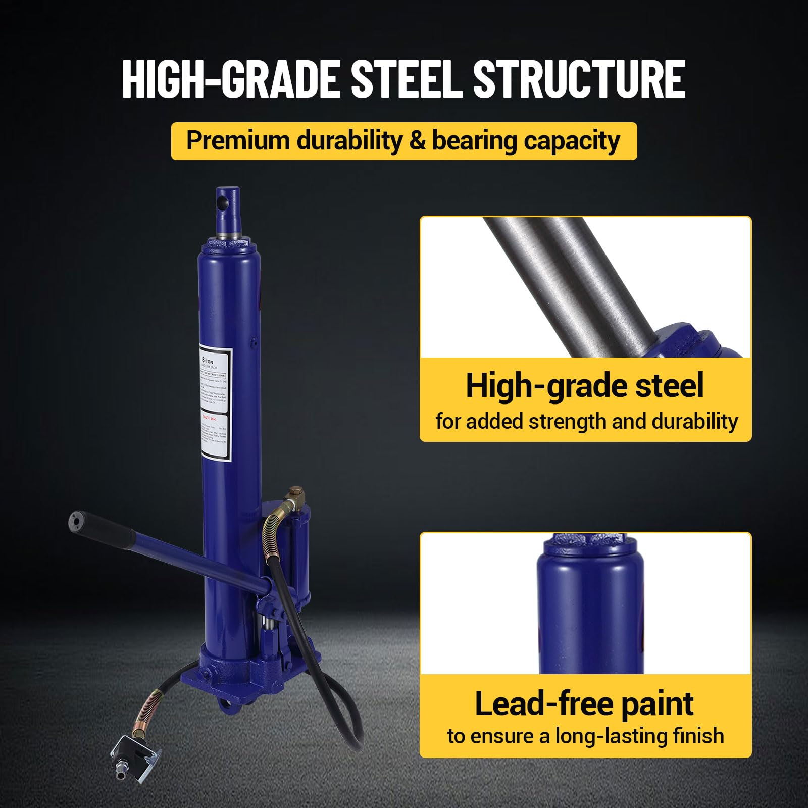 Garvee 8 Ton Hydraulic Long Ram Jack with Single Piston Pump, Flat Base, 24-43.7 Inch Lift for Truck Engine Hoist