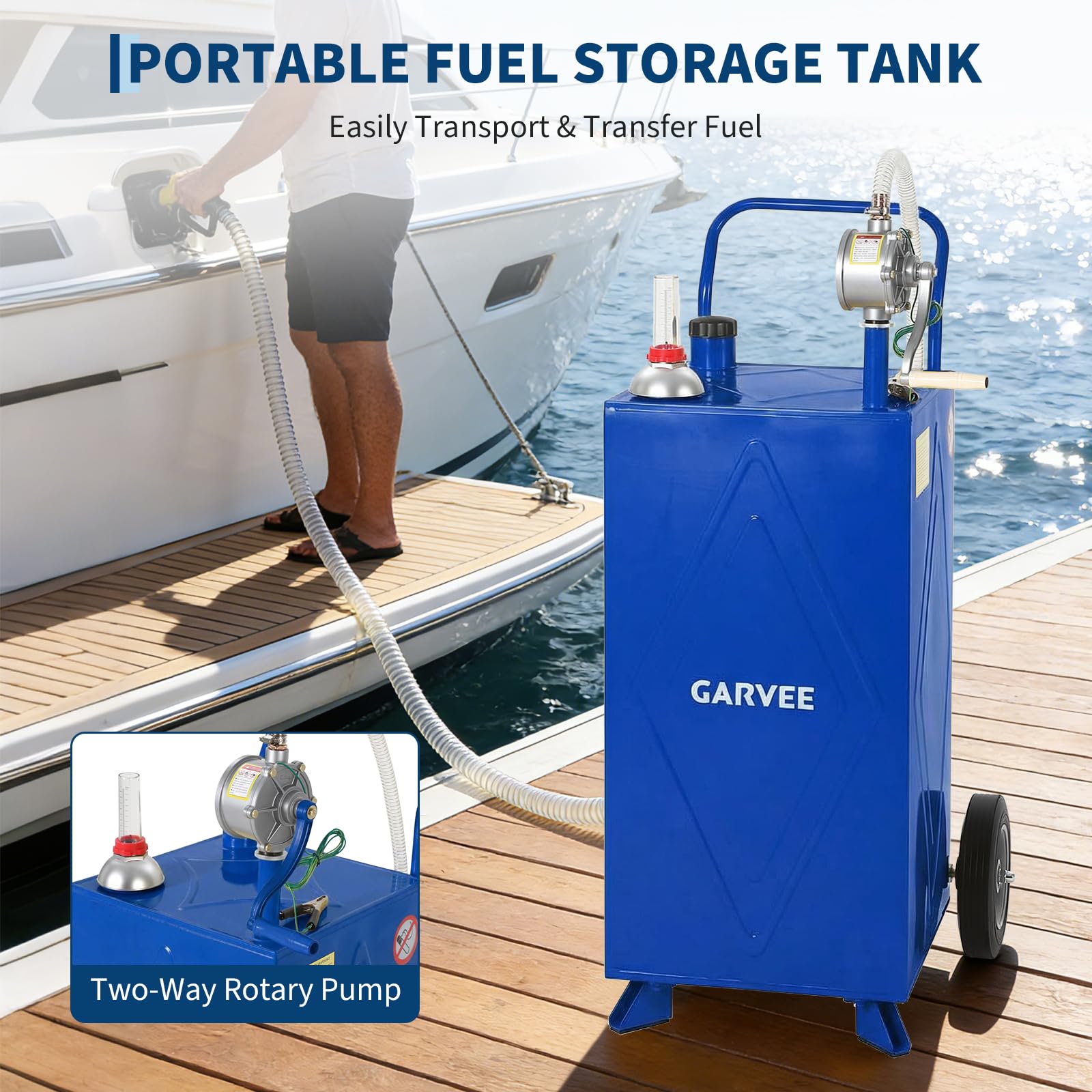 Garvee 30 Gallon Fuel Gas Caddy, Portable Storage Tank with Wheels and Manual Hand Pump for Gasoline and Diesel Transfer, Suitable for ATV, Car, Mower, Tractor, and Boat, Blue