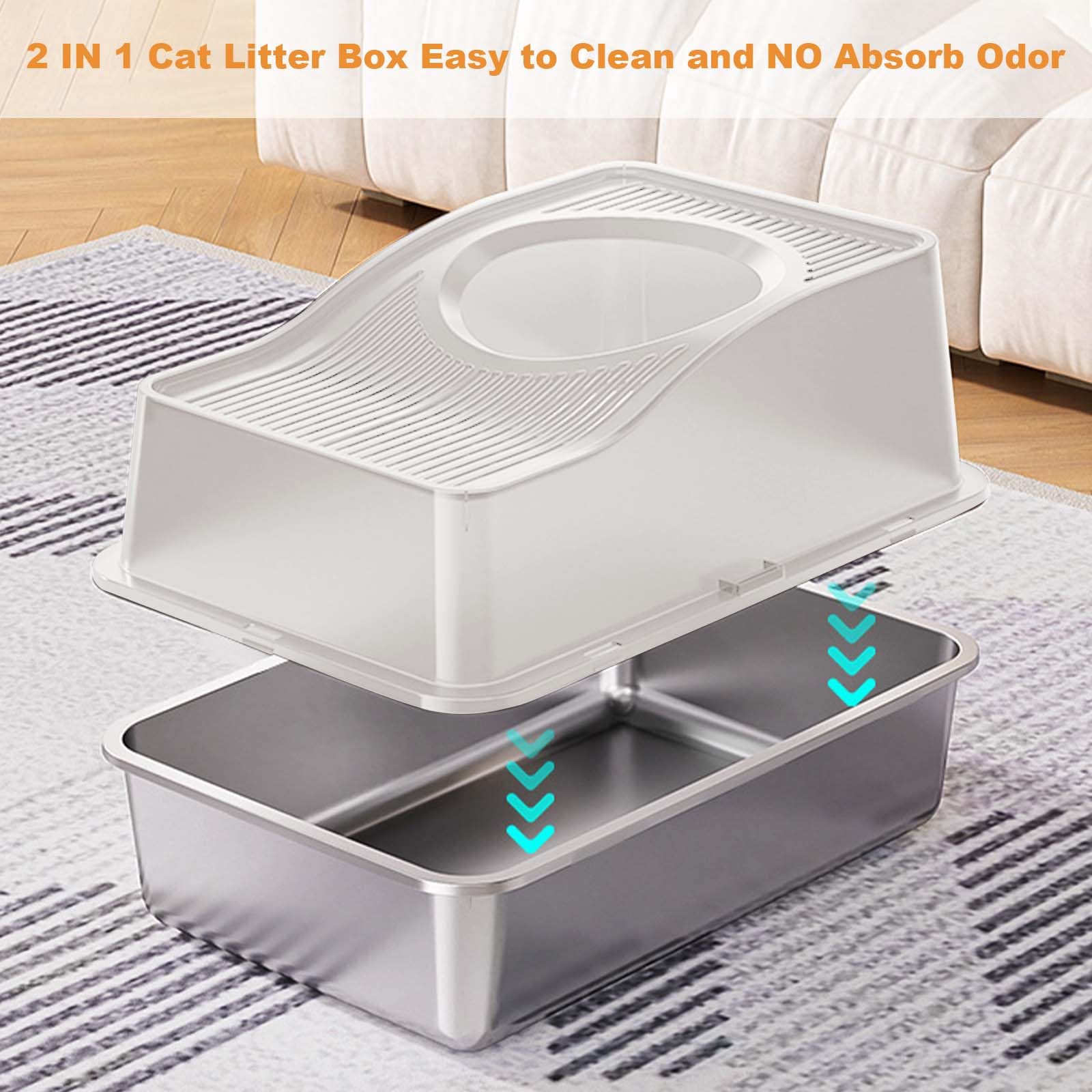 Garvee Stainless Steel Cat Litter Box Fully Enclosed Top-Entry Deodorizing Large Cat Toilet White 60x40x34.5cm Basin 20cm High